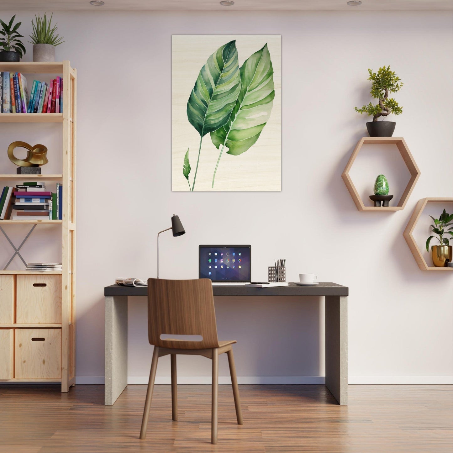A green leaf on a white background with a wooden desk and shelves