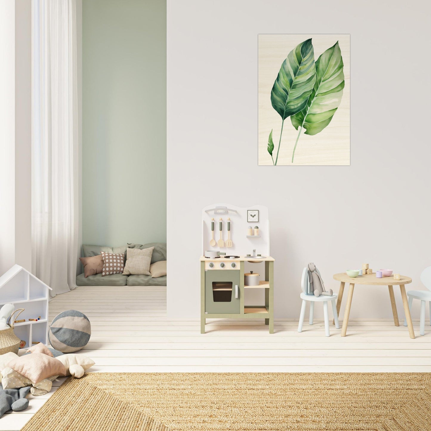 A green leaf on a white wall in a child’s room