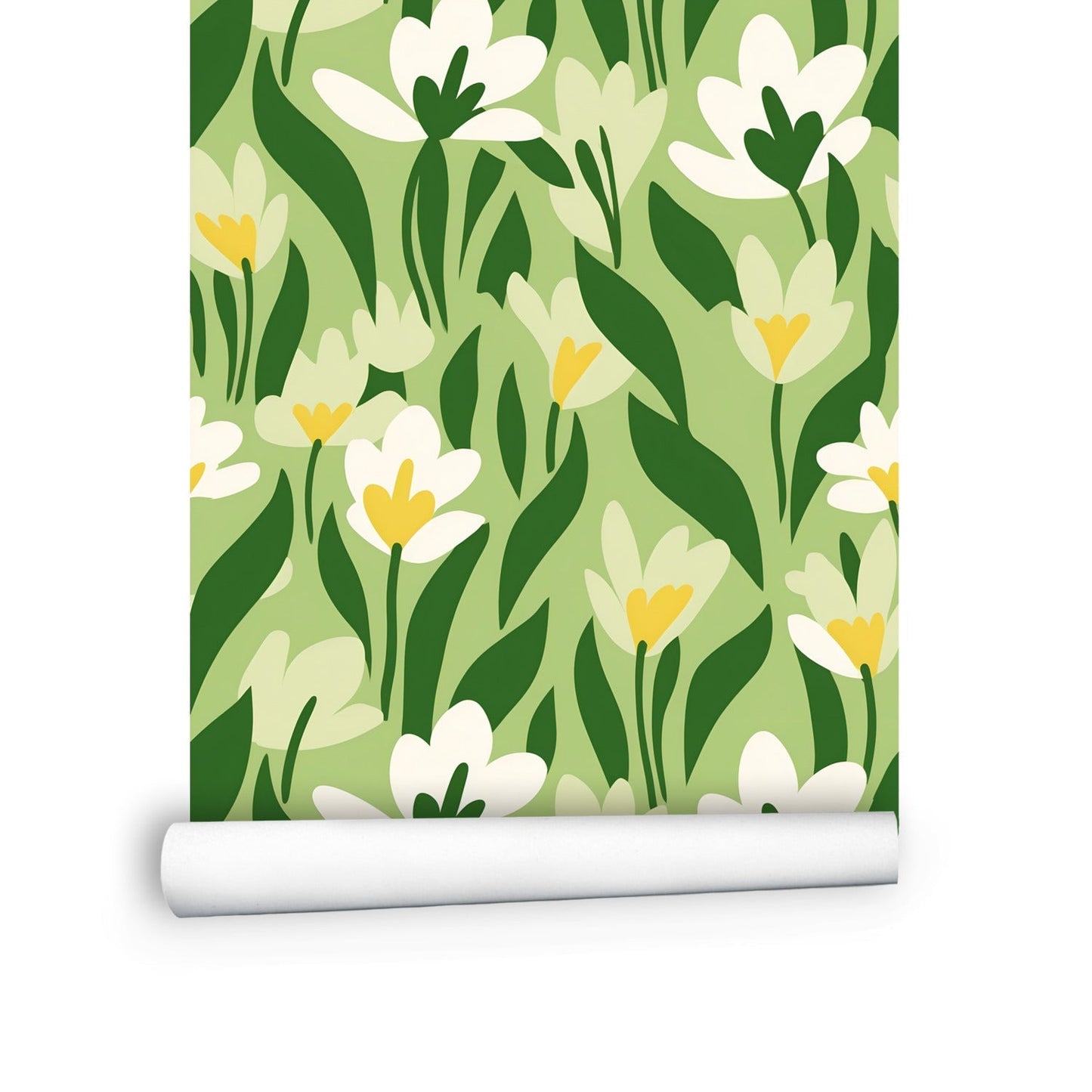 A green and yellow floral wallpaper with white flowers