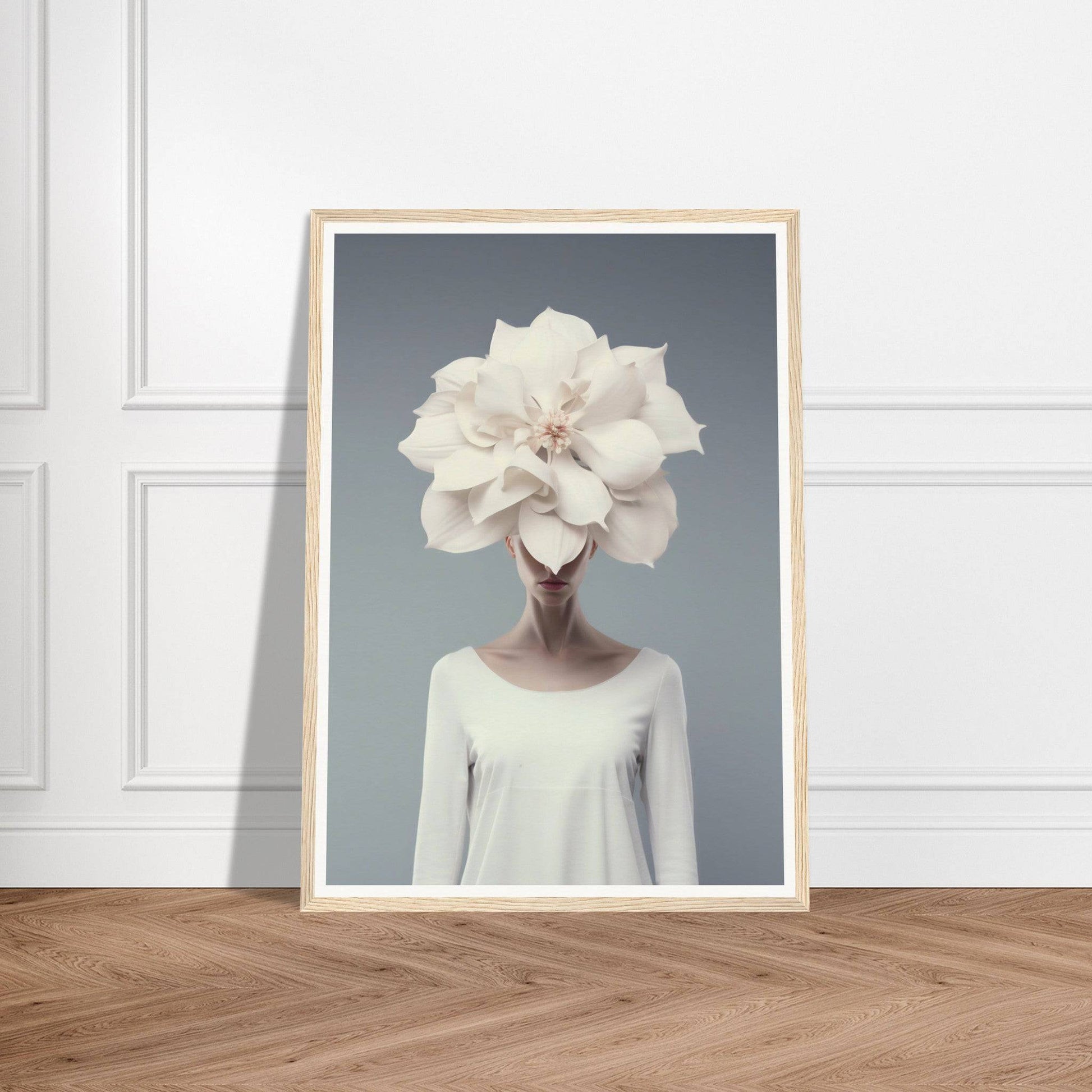 Framed artwork depicting a figure wearing an oversized white flower as a head.
