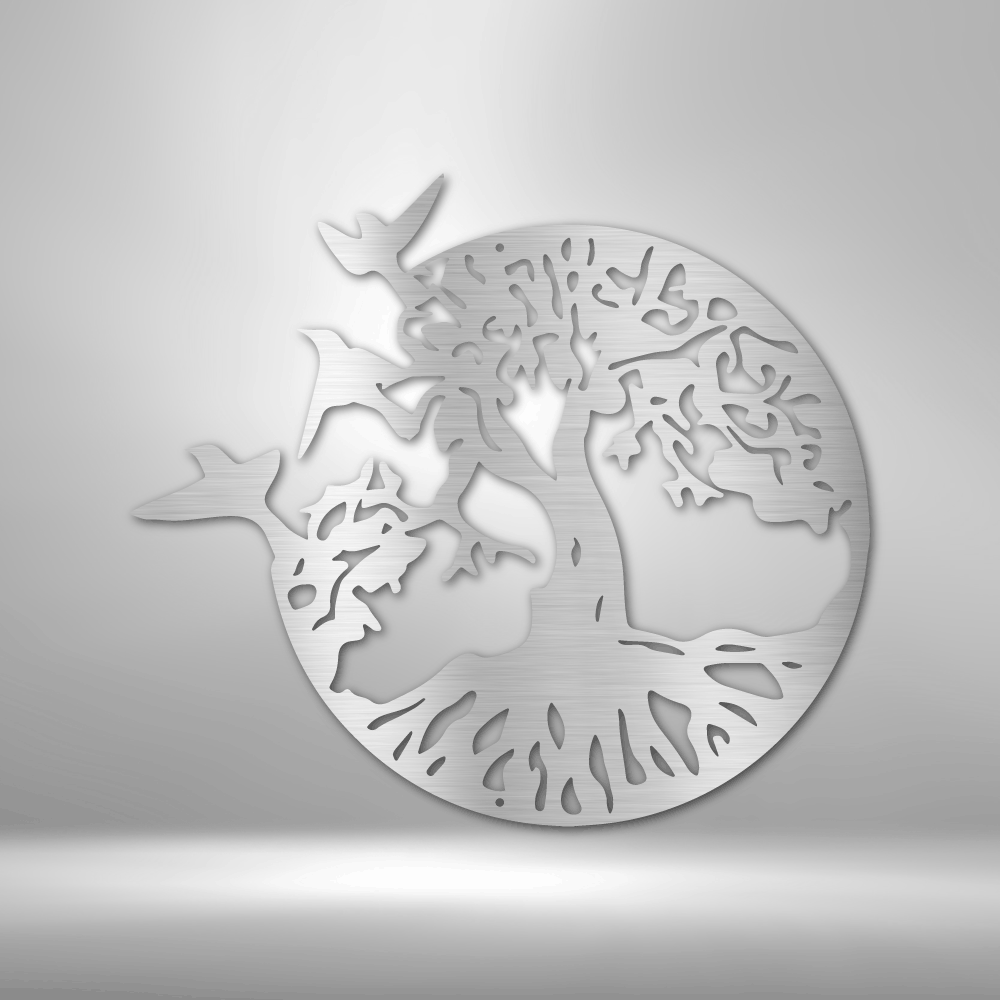 Circular tree of life design with intricate branch and root patterns.