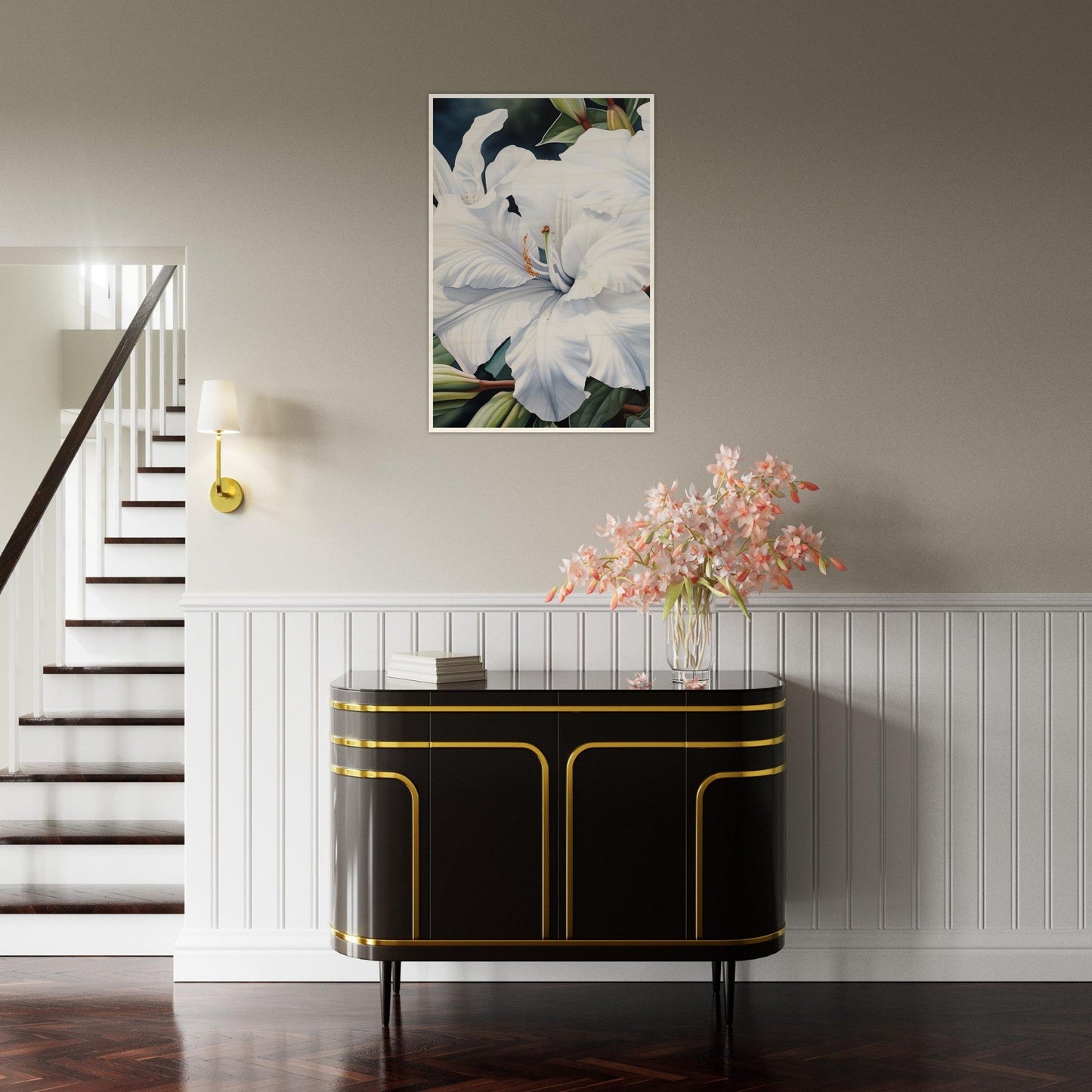 Elegant black sideboard with gold trim and curved edges.
