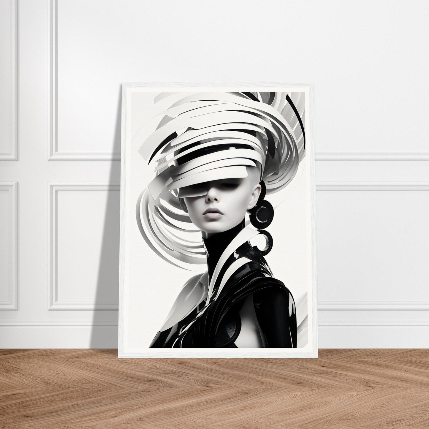 Black and white portrait of a person wearing an avant-garde sculptural hat and dramatic earrings.