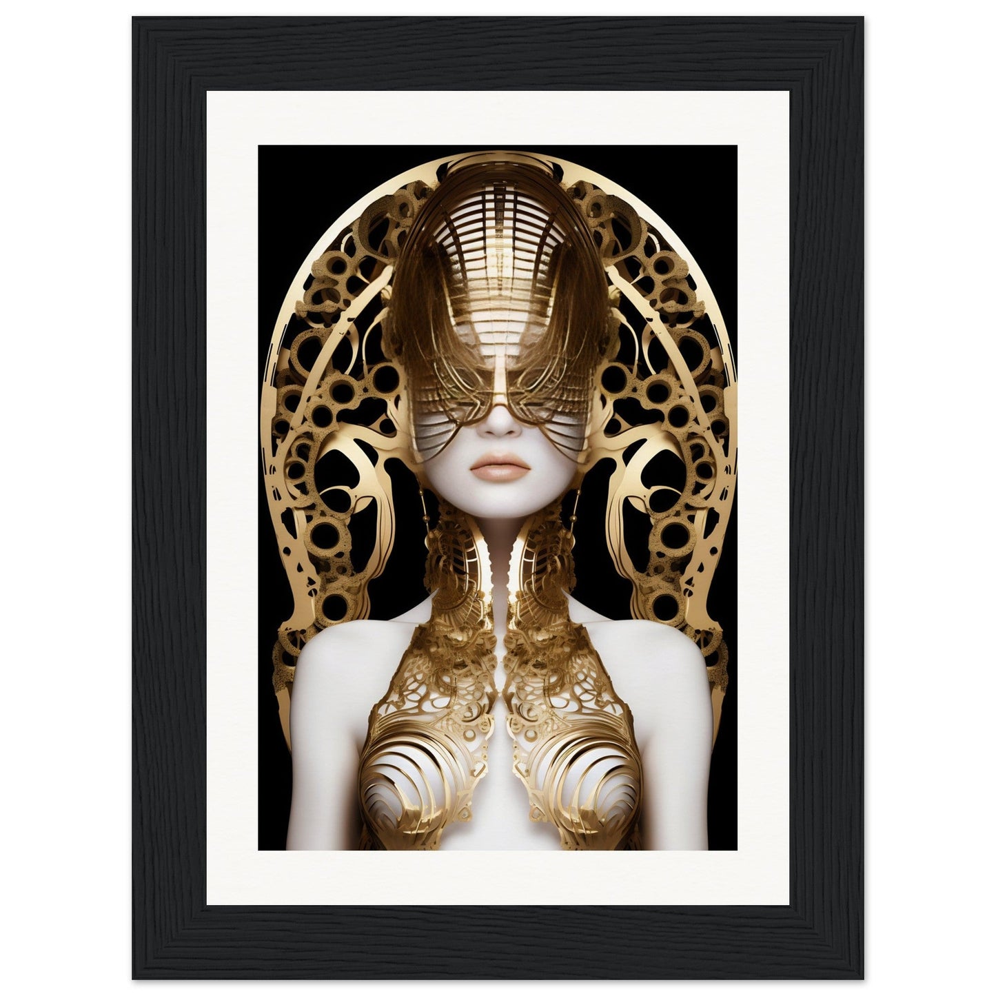 Surreal portrait of a figure adorned with intricate golden metalwork and an elaborate headdress.