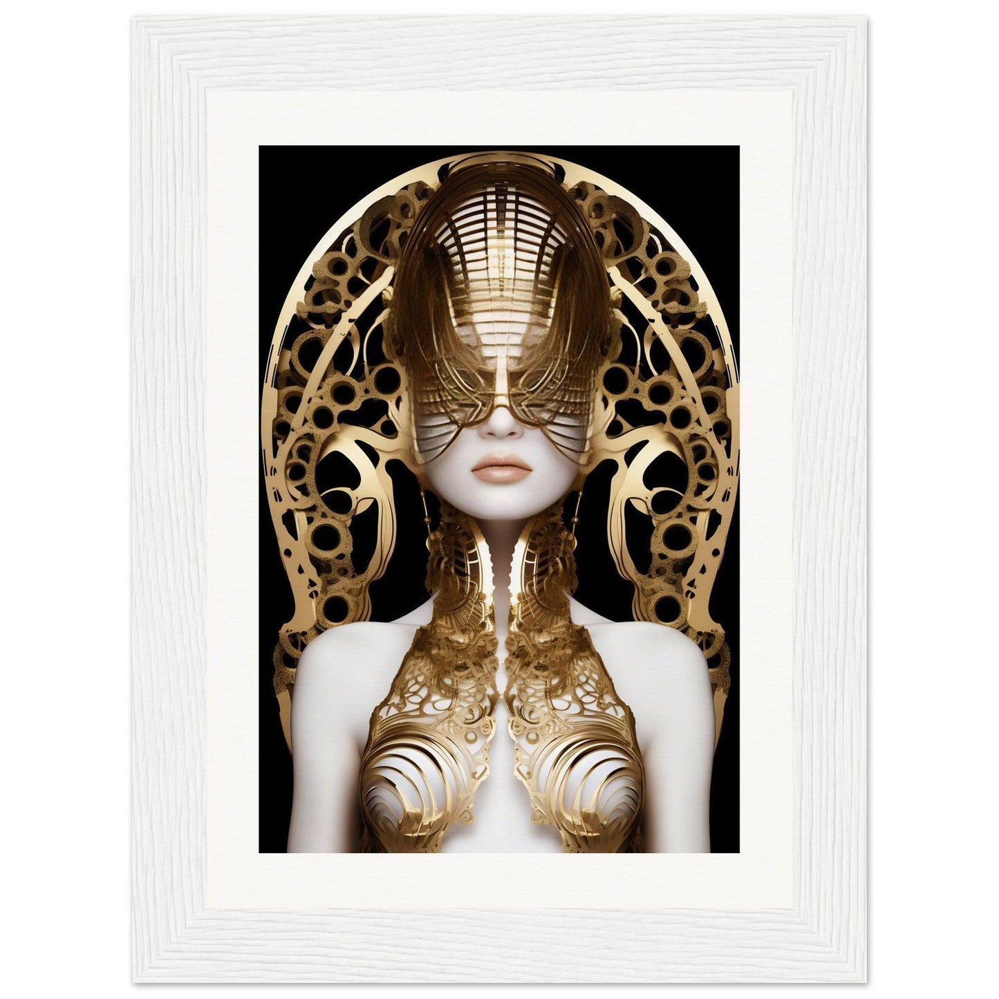 Surreal portrait of a figure with ornate golden metalwork covering parts of their face and body.