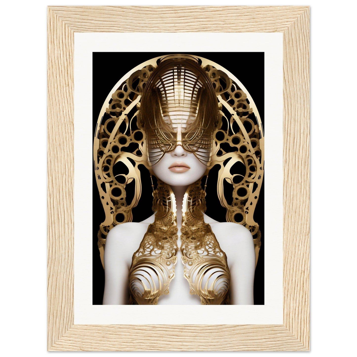 Surreal portrait of a figure with an ornate golden headdress and body art.