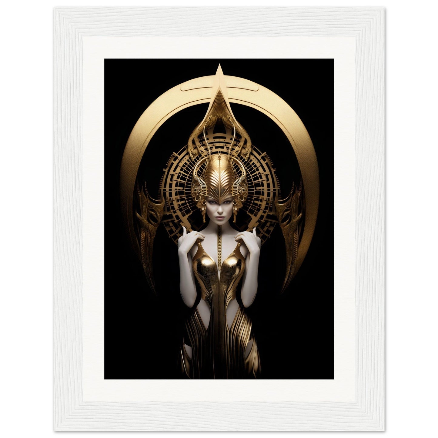 Ornate golden figure with an elaborate headdress and metallic bodysuit against a dark background.