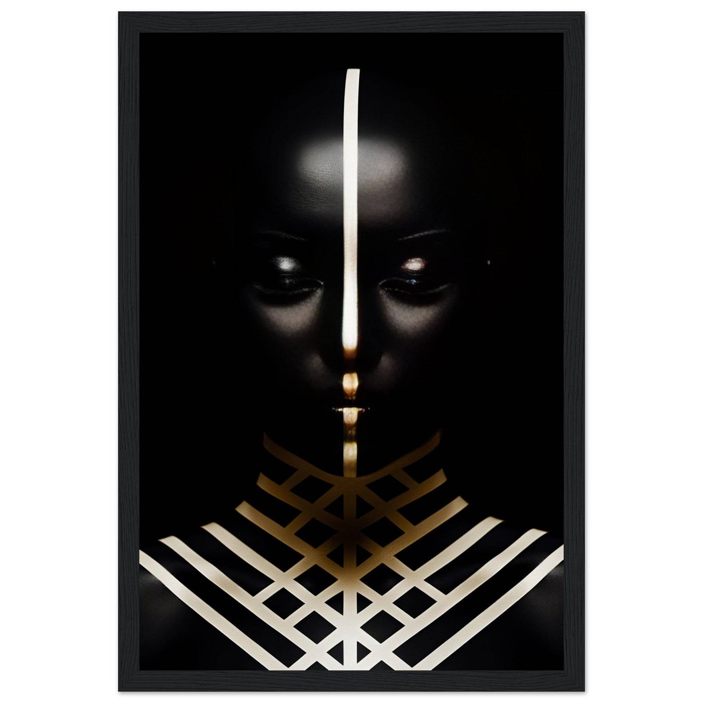 Dark silhouette with glowing eyes and geometric patterns in gold and white.