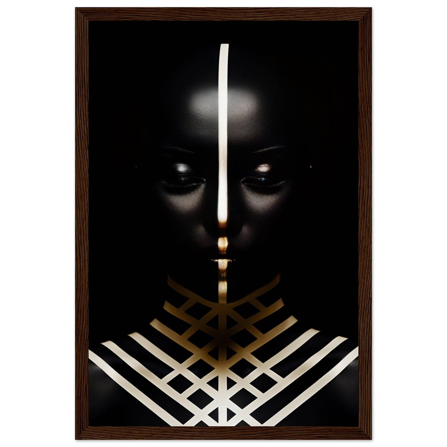 Dark silhouette with glowing eyes and geometric white and gold patterns.