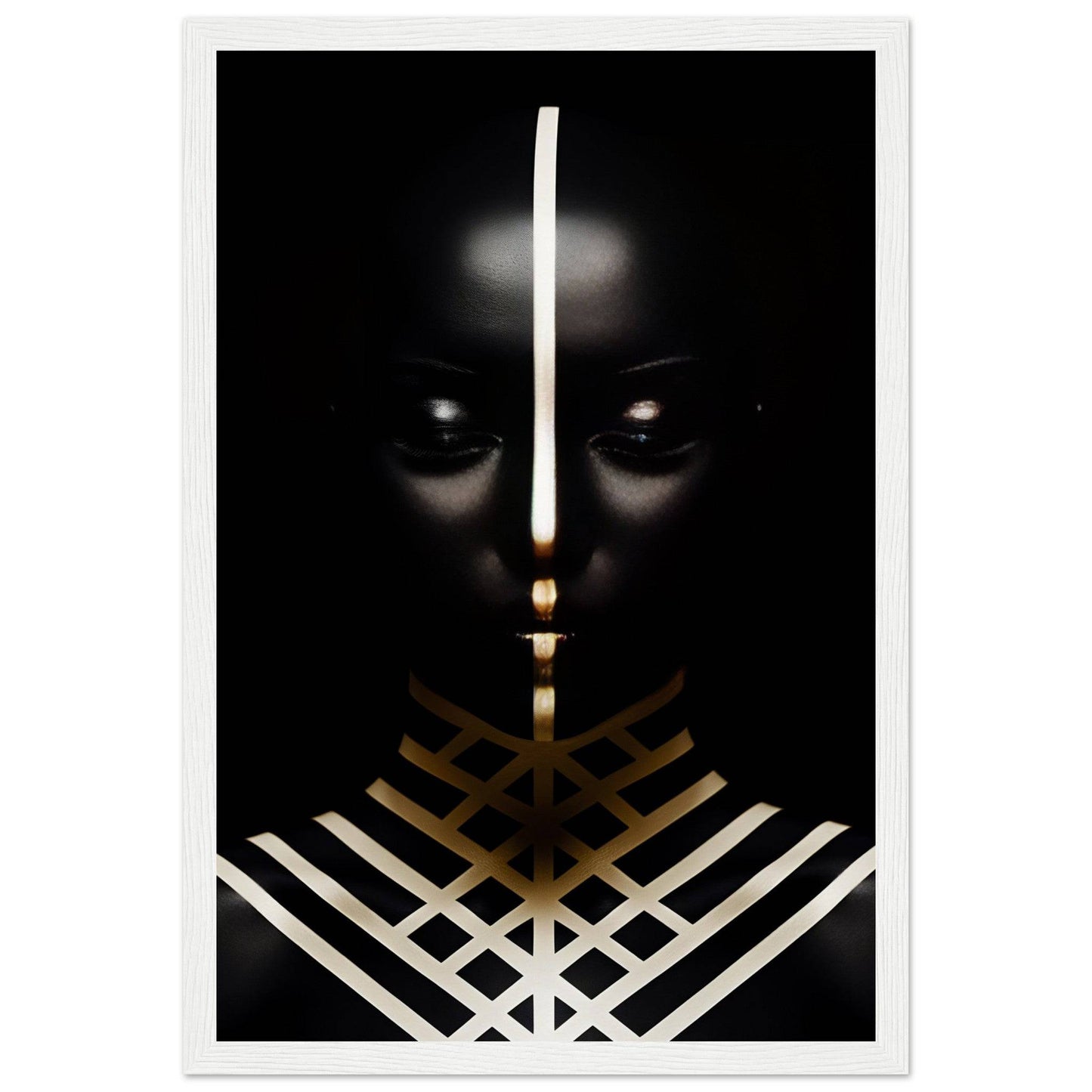 Dark silhouette with glowing eyes and geometric white and gold patterns.