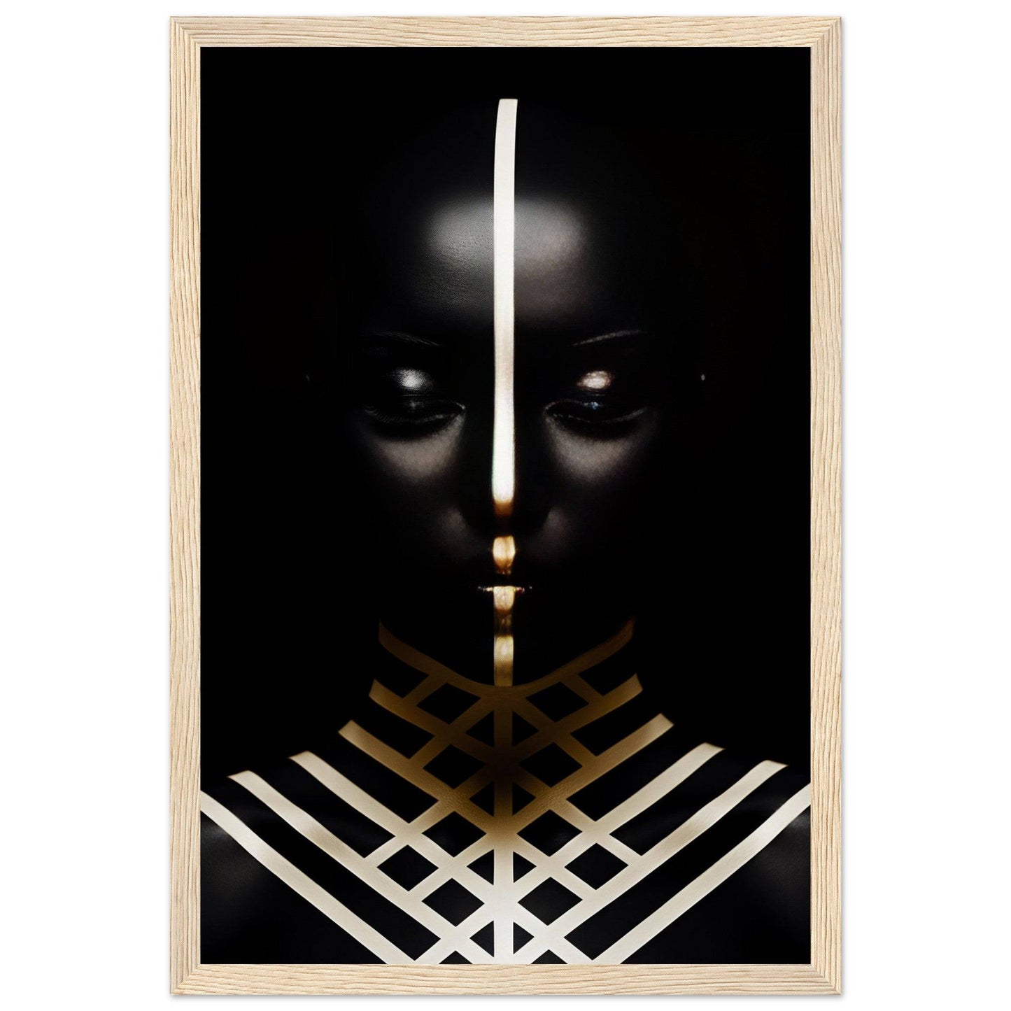 Dark silhouette of a face with glowing eyes and geometric white and gold patterns below.