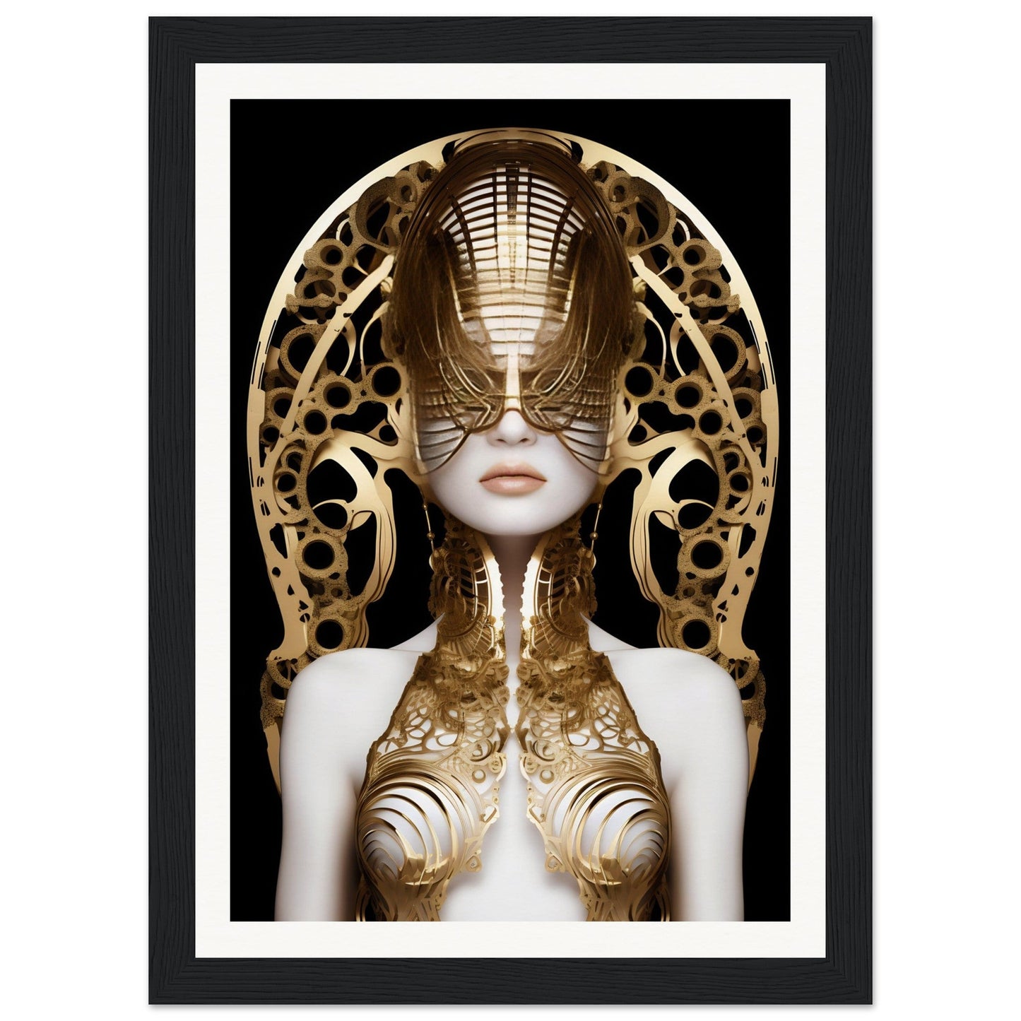 Surreal portrait of a figure adorned with intricate golden metalwork and an elaborate headdress.