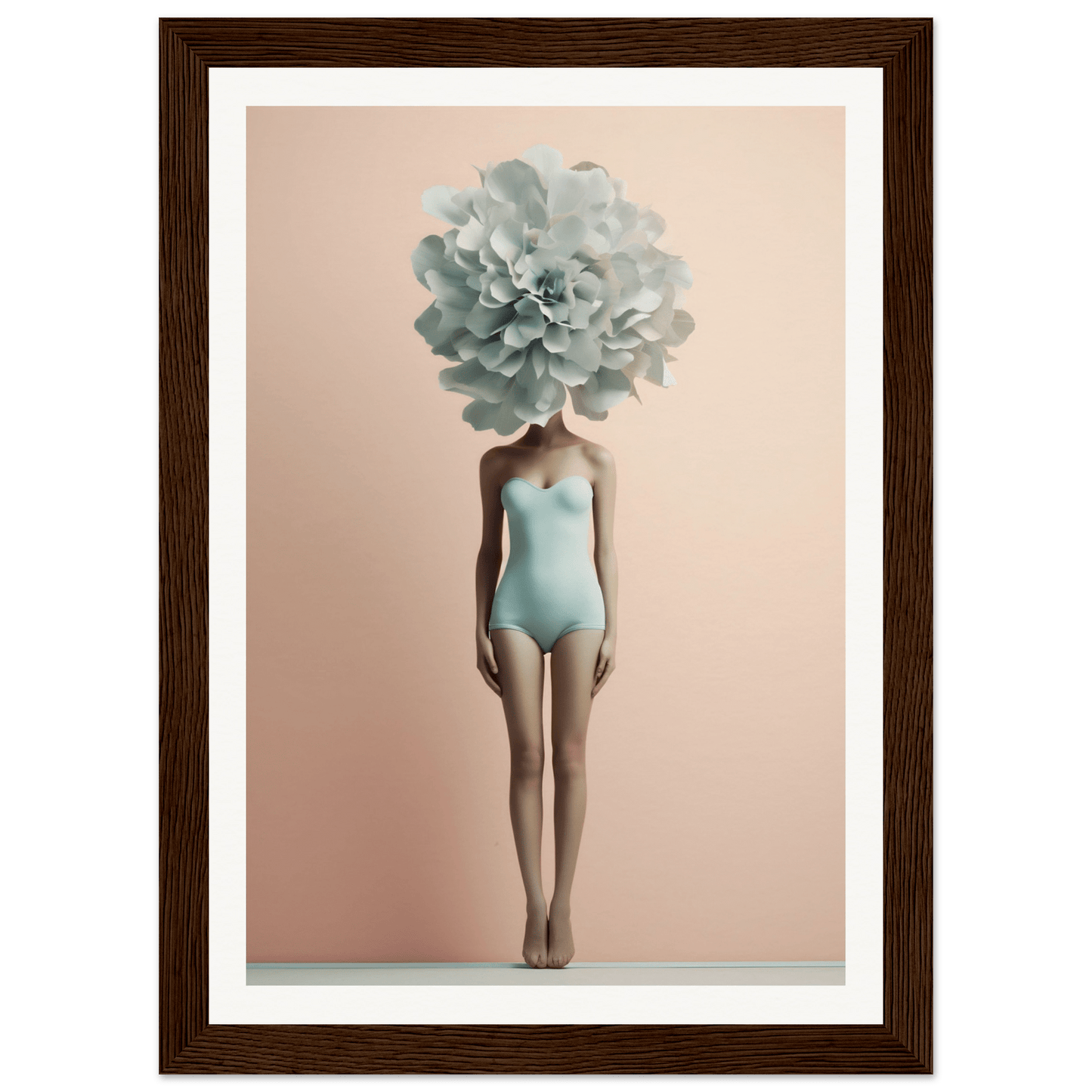 Surreal figure with a giant pale blue flower for a head, wearing a light blue bodysuit.
