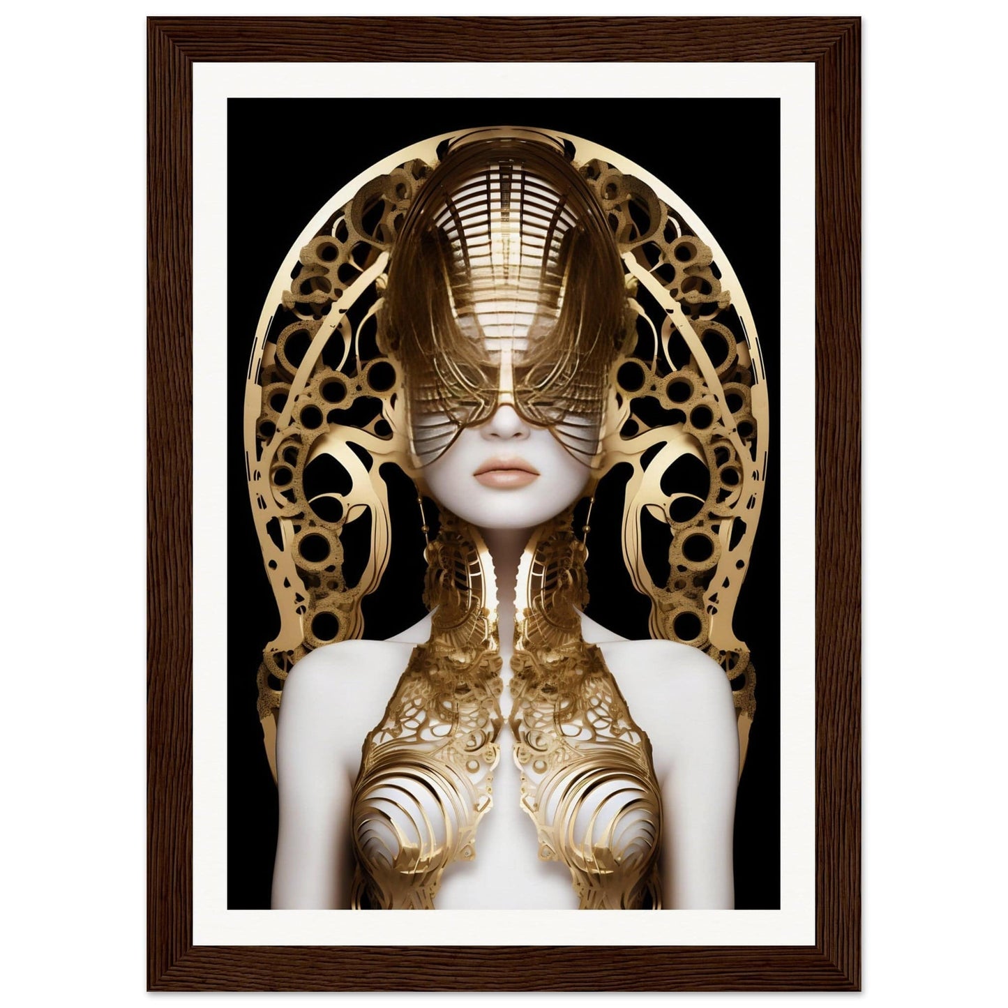 Surreal portrait of a figure adorned with intricate golden metallic elements and an ornate headdress.