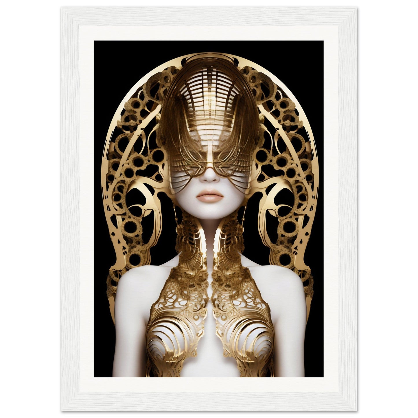 Futuristic female figure adorned with intricate golden metallic elements and an elaborate headdress.