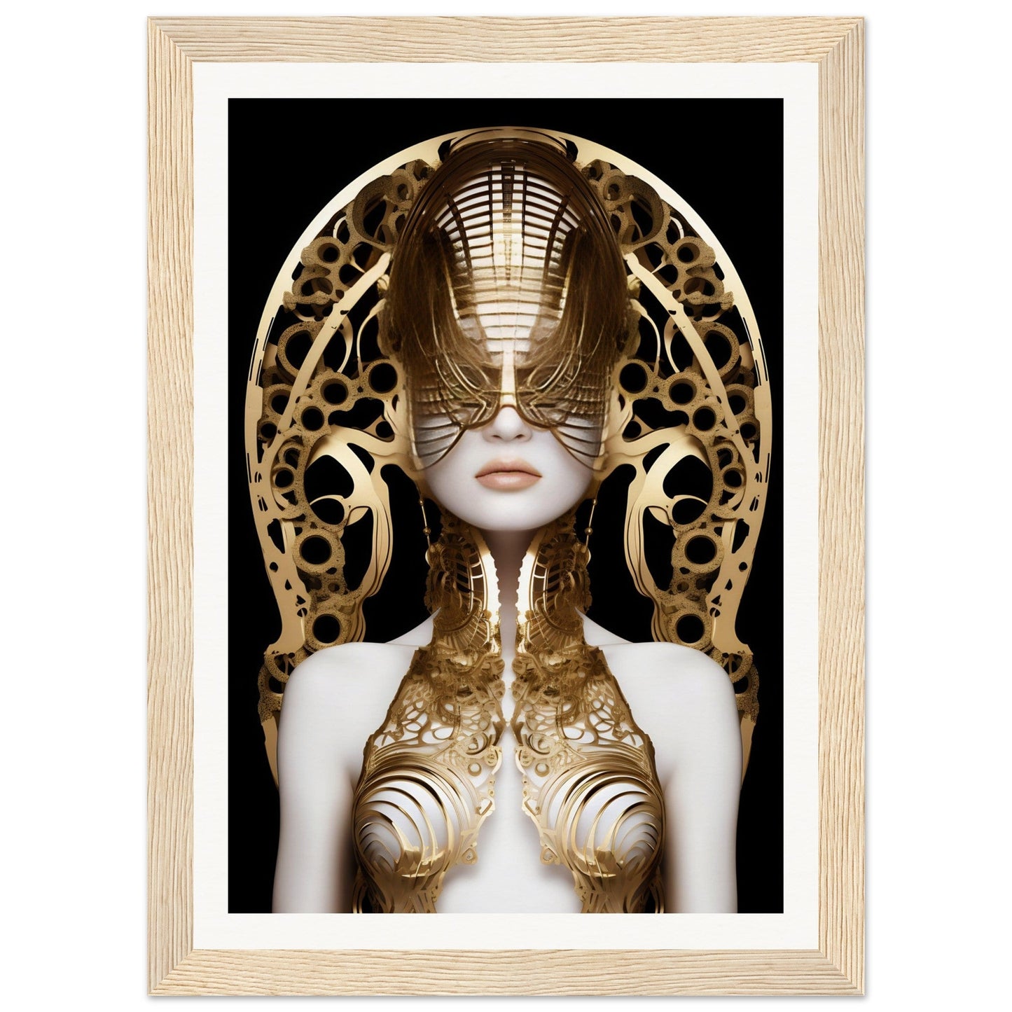 Surreal portrait of a figure adorned with intricate golden metallic elements and an ornate headdress.