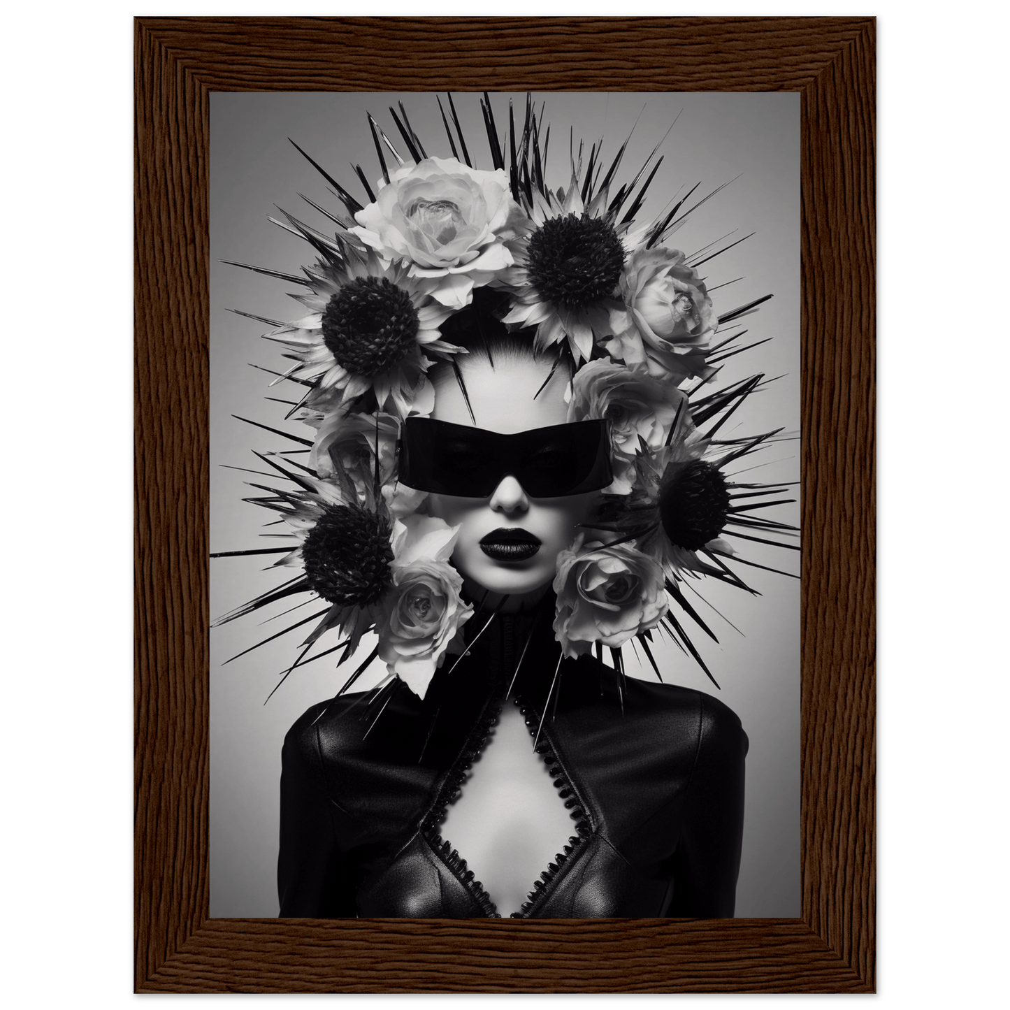 Striking black and white portrait featuring a figure wearing sunglasses and an elaborate floral and spiked headdress.