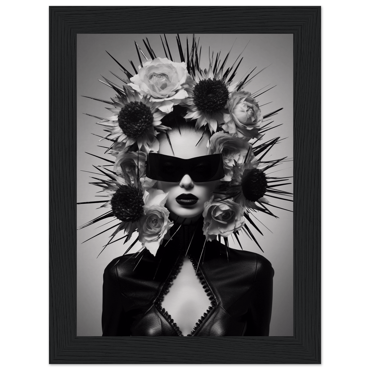 Striking black and white portrait of a figure wearing sunglasses and an elaborate floral and spiked headdress.