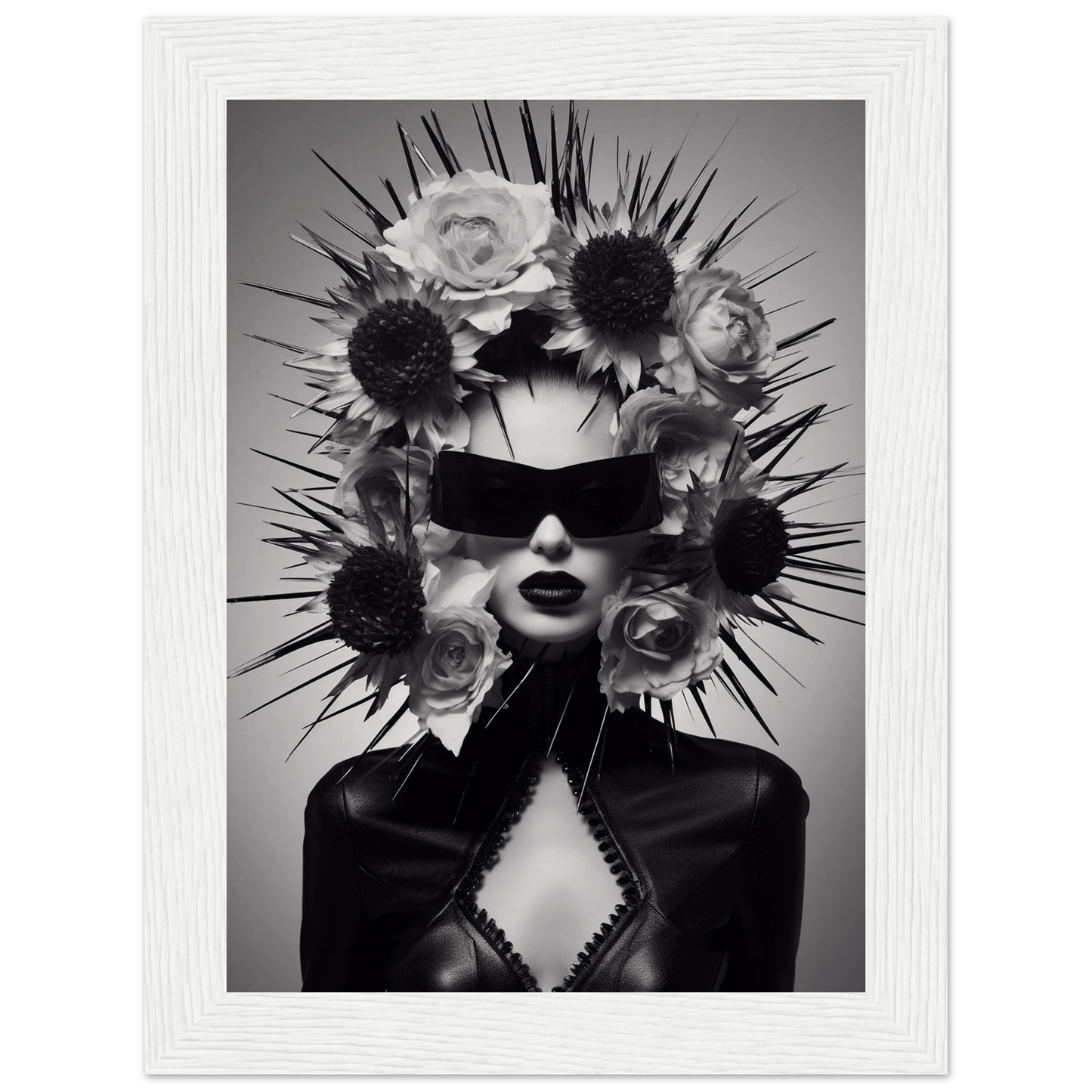 Striking black and white portrait featuring a figure wearing an elaborate floral and spiked headdress with sunglasses.