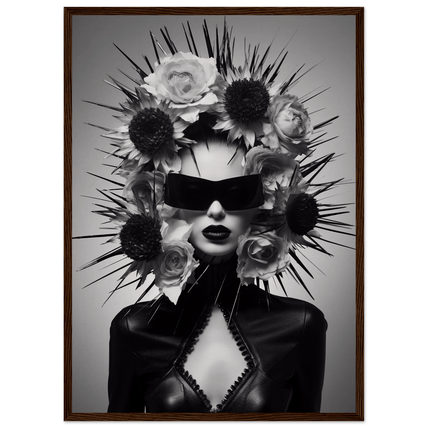 Striking black and white portrait featuring a figure adorned with an elaborate floral and spiky headdress, wearing dark sunglasses and a revealing outfit.