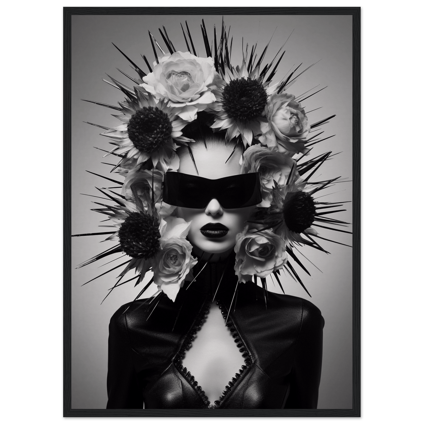 Striking black and white portrait featuring a figure adorned with an elaborate floral and spiked headdress, wearing sunglasses and dark clothing.
