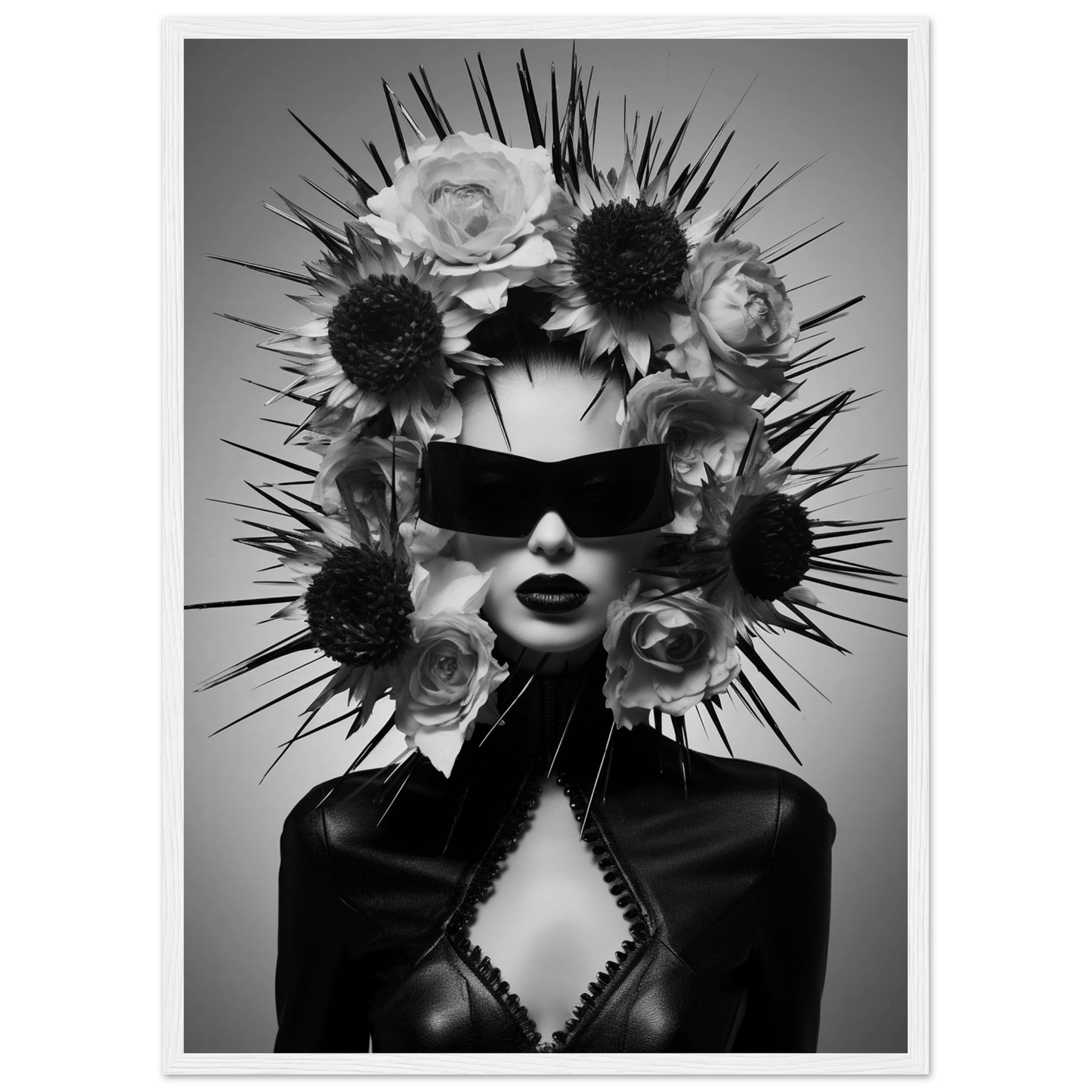 Striking black and white portrait featuring a figure adorned with an elaborate floral and spiked headdress and dark sunglasses.