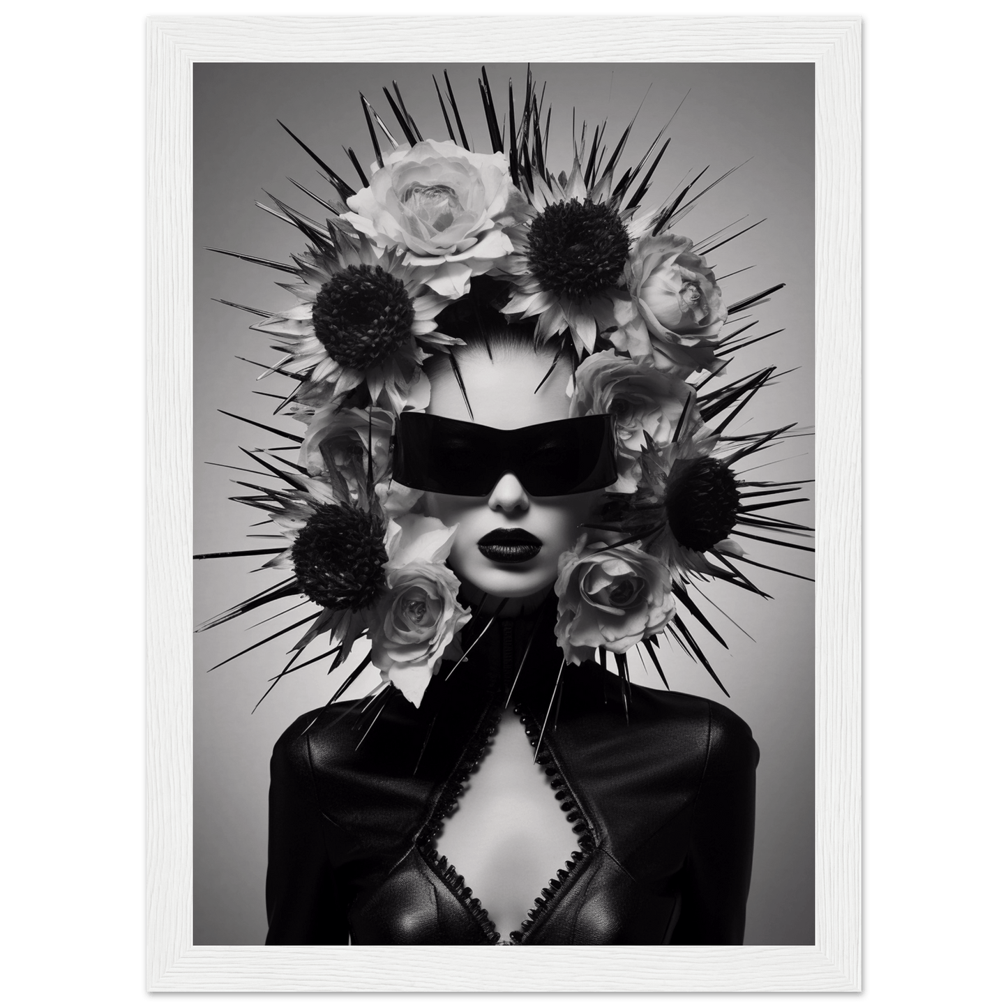 Striking black and white portrait featuring a figure wearing an elaborate floral and spiked headdress with dark sunglasses.