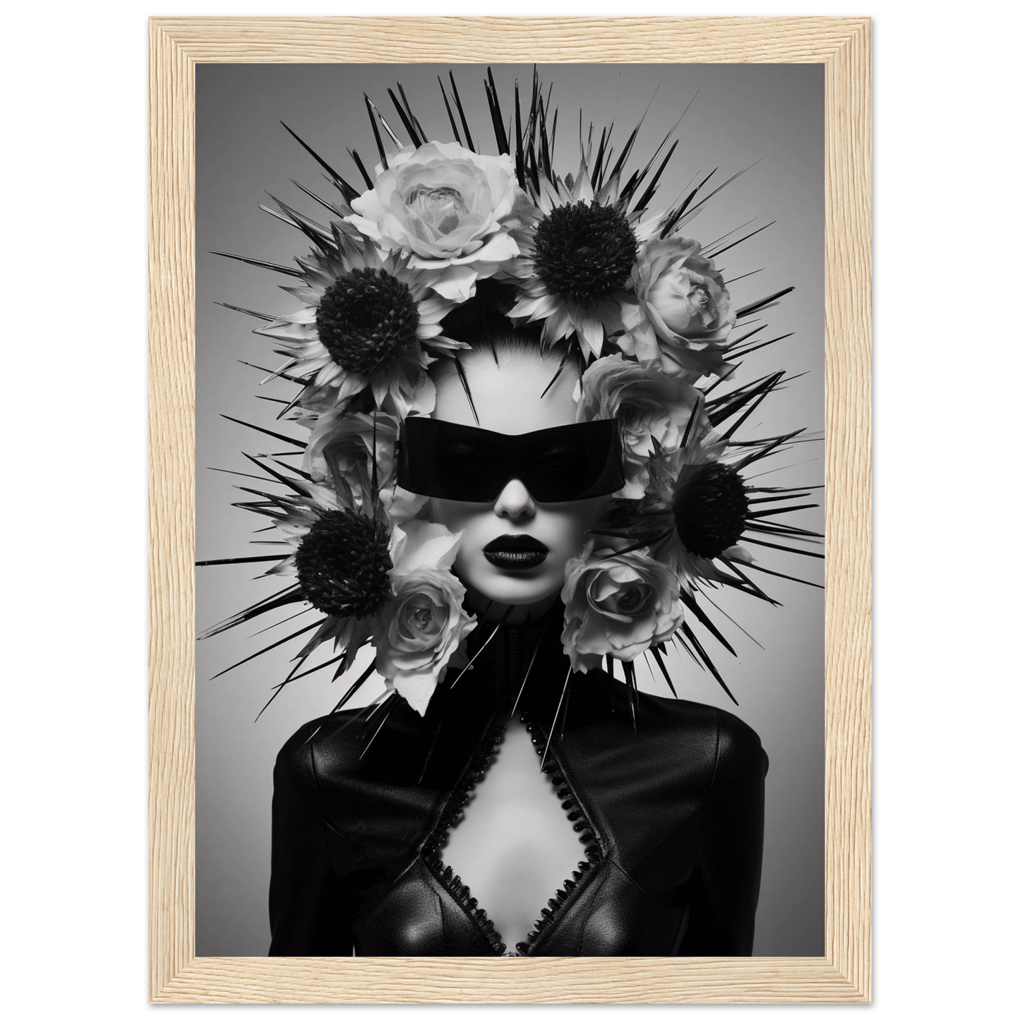 Striking black and white portrait of a figure wearing sunglasses and an elaborate floral headdress with spiky protrusions.