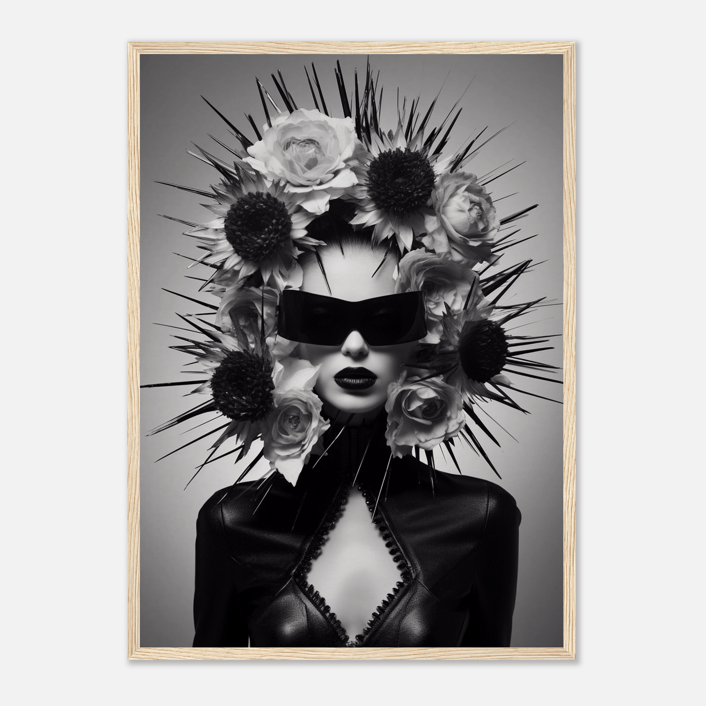 Striking black and white portrait of a figure wearing an elaborate spiked and floral headdress with dark sunglasses.