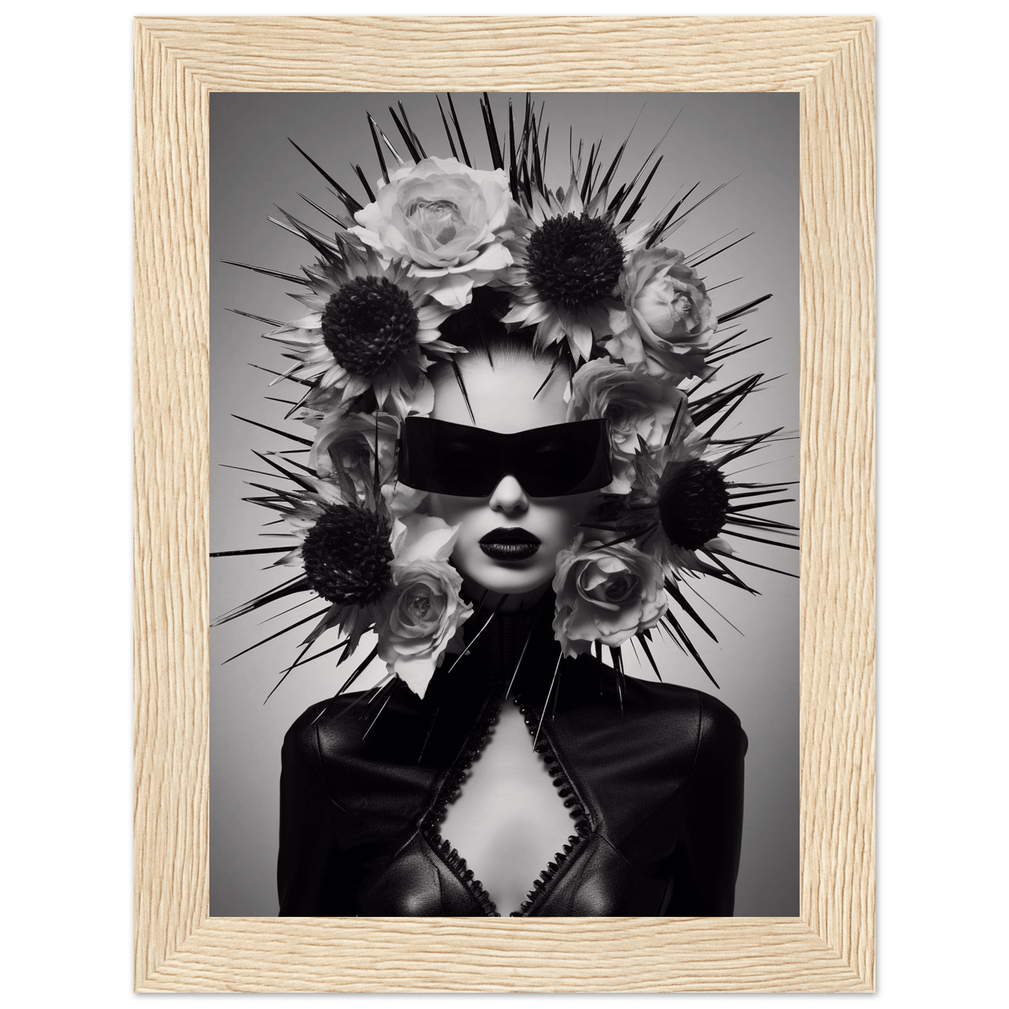 Striking black and white portrait of a figure wearing sunglasses and an elaborate floral headdress with spikes.