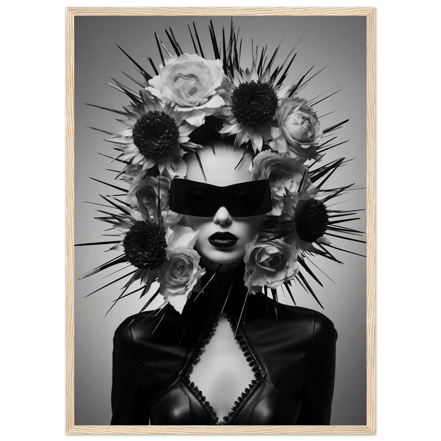 Striking black and white portrait featuring a figure adorned with an elaborate floral and spiked headdress, wearing sunglasses and dark clothing.