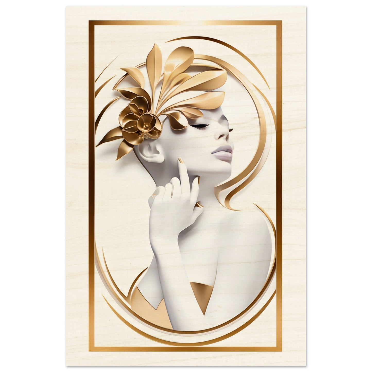 Stylized portrait of a woman with golden floral headpiece in an oval frame.