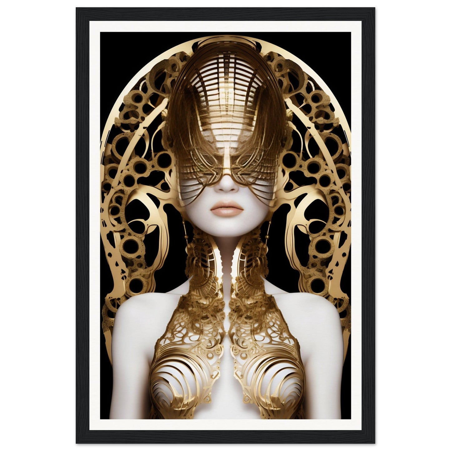 Surreal portrait of a figure wearing an elaborate golden headdress and body ornaments with intricate patterns.