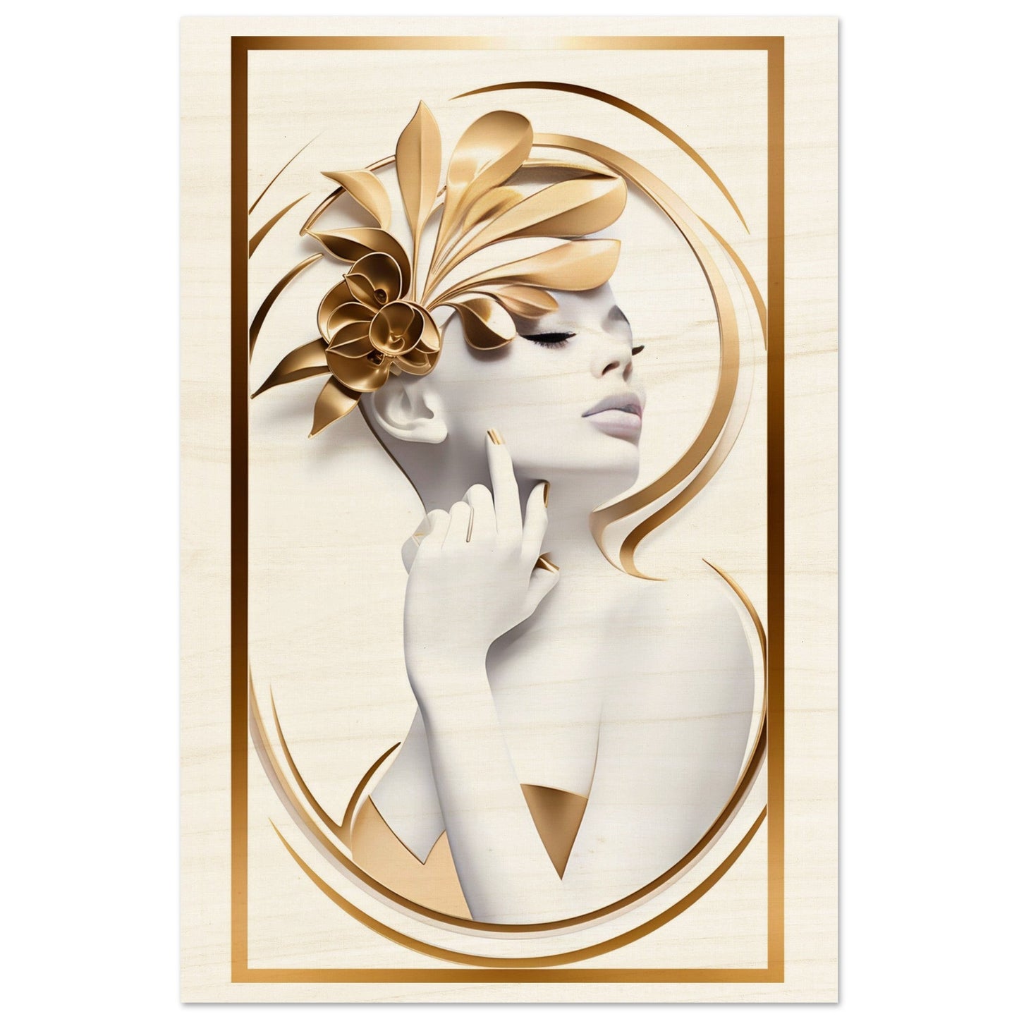 Artistic portrait of a woman with golden floral elements adorning her hair and face.