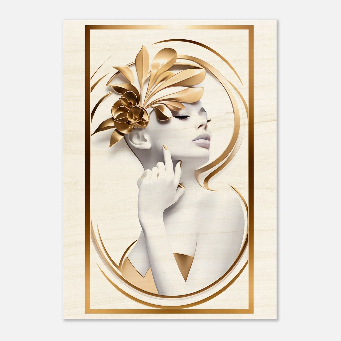 Elegant sculptural portrait of a woman with golden floral adornments framed by curved metallic elements.