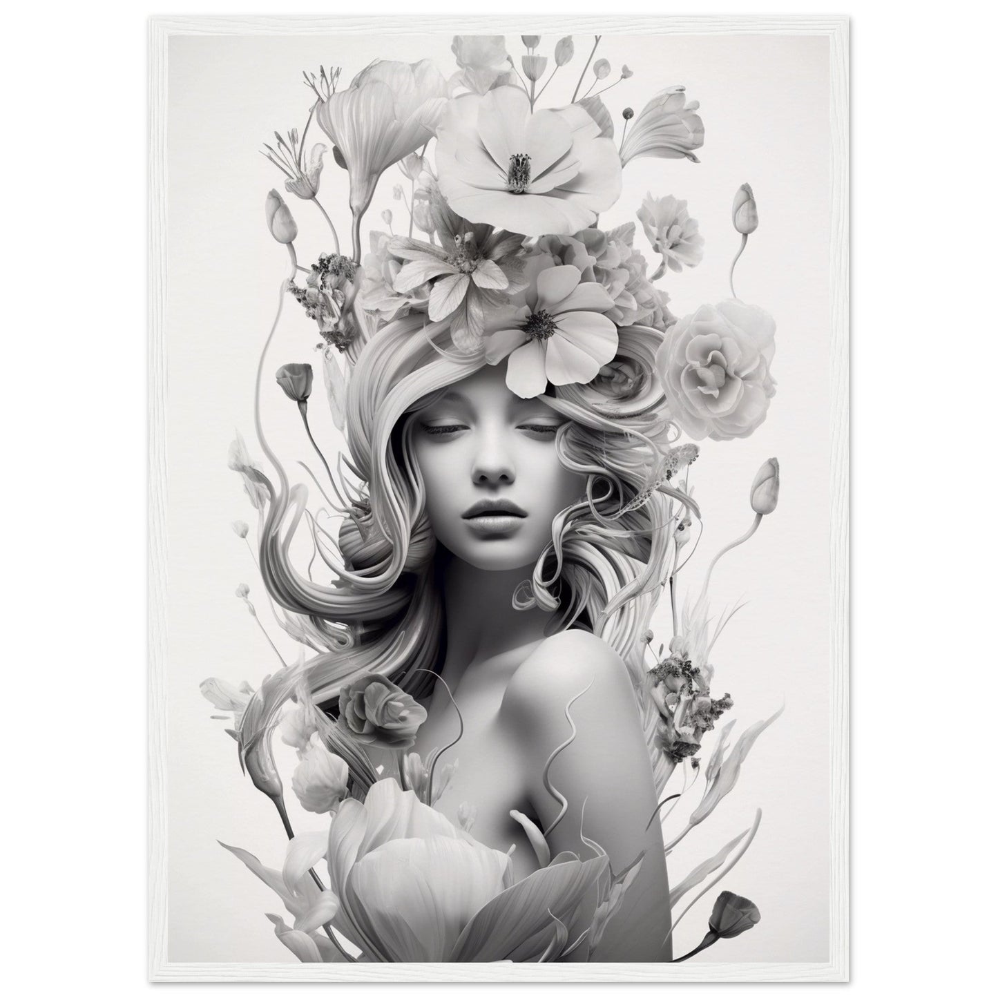Artistic black and white portrait of a woman adorned with elaborate floral headdress and hair decorations.
