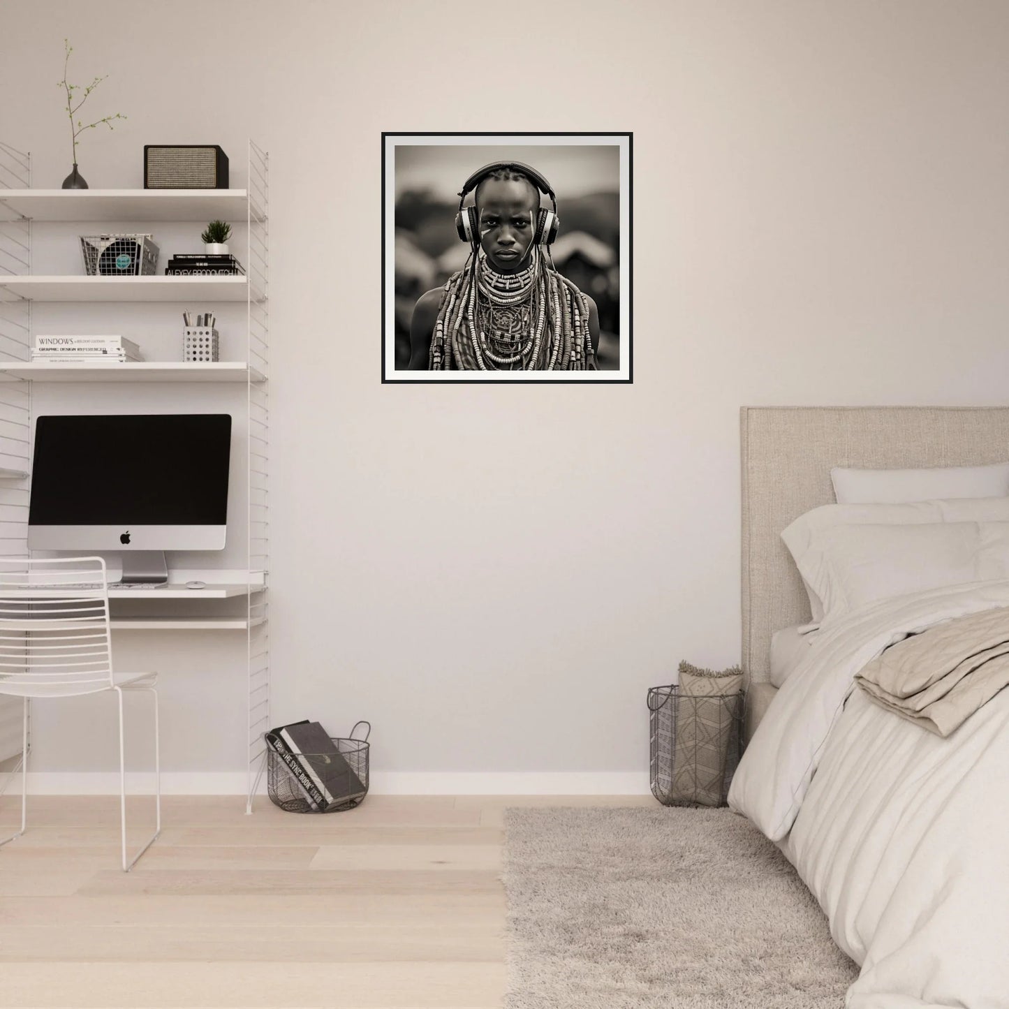 Black and white portrait of an African tribal member in beaded necklaces for Headphones & Heritage