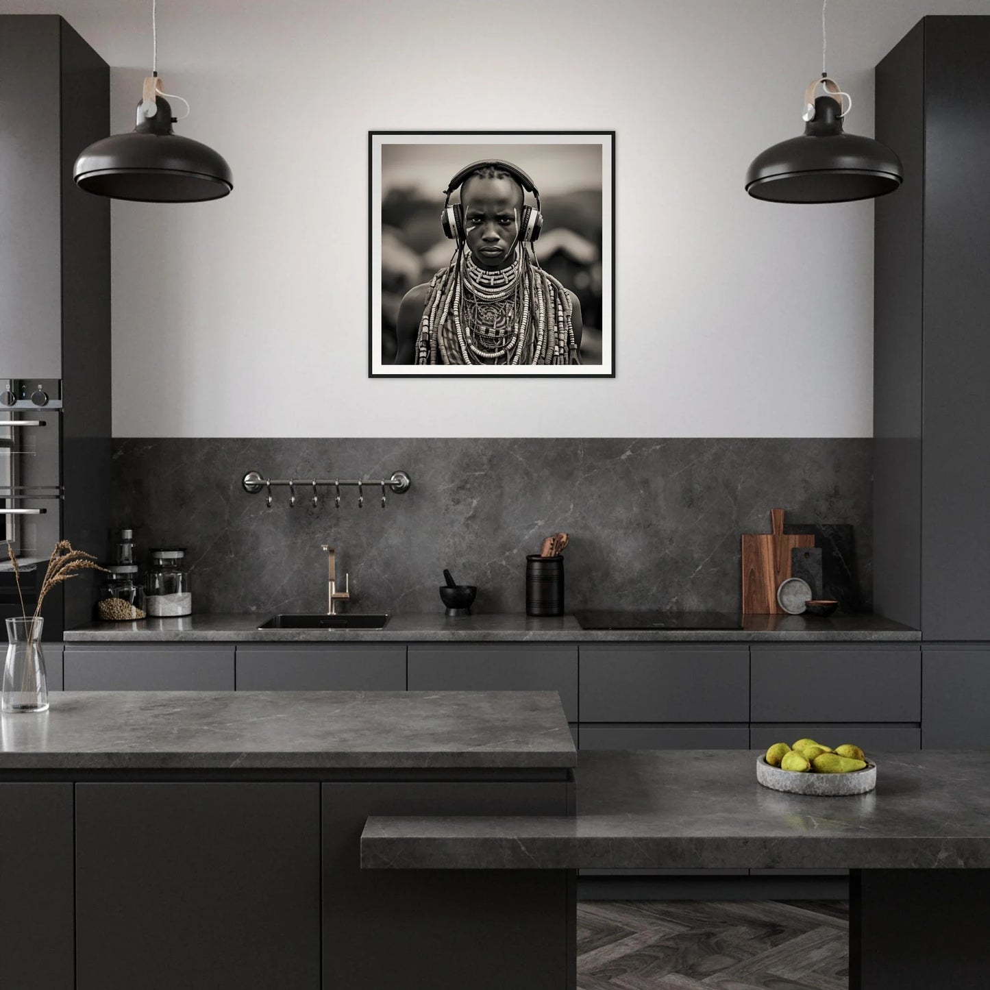 Modern dark gray kitchen featuring black pendant lights and museum-quality framed art