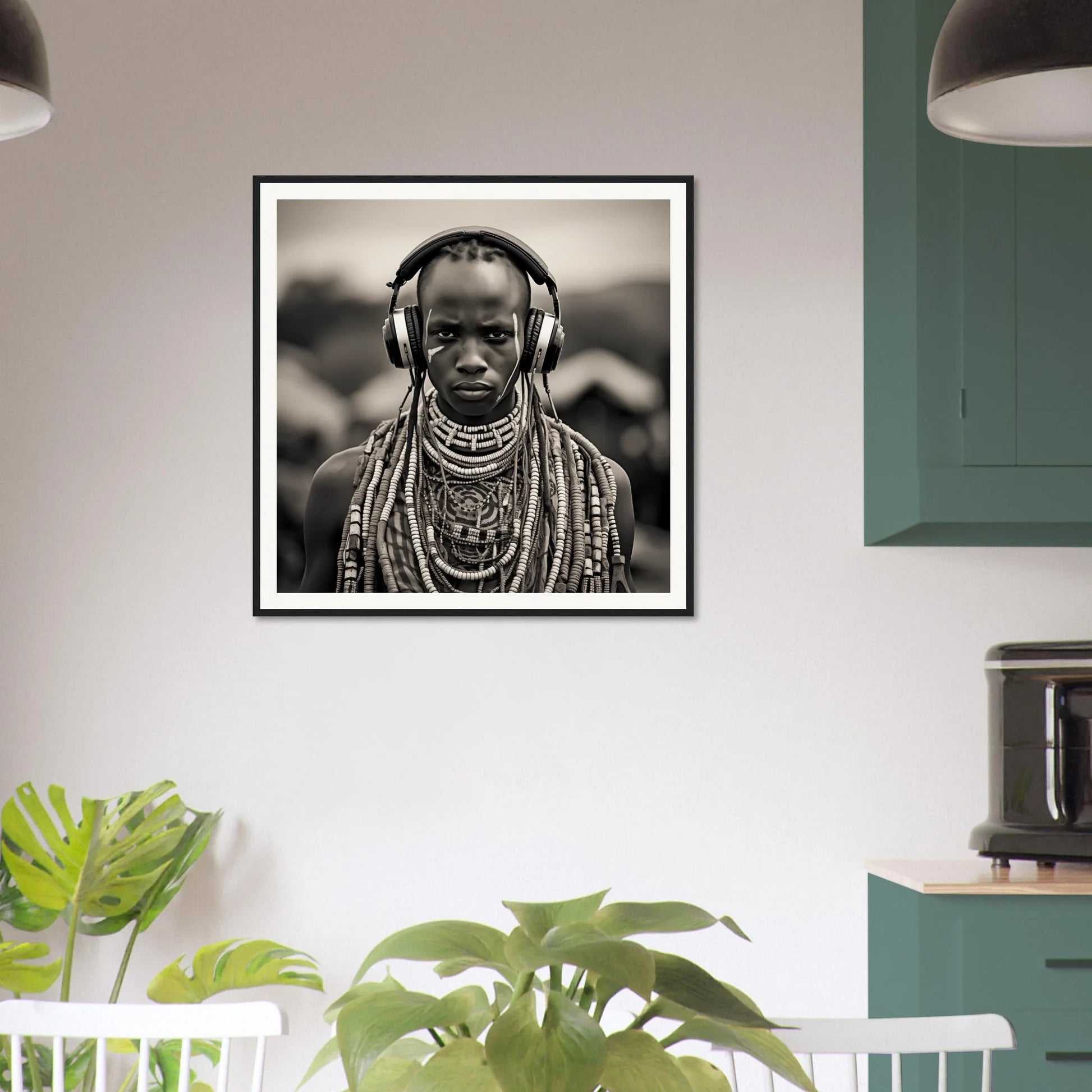 Black and white art of person in traditional African jewelry and headphones for Headphones & Heritage