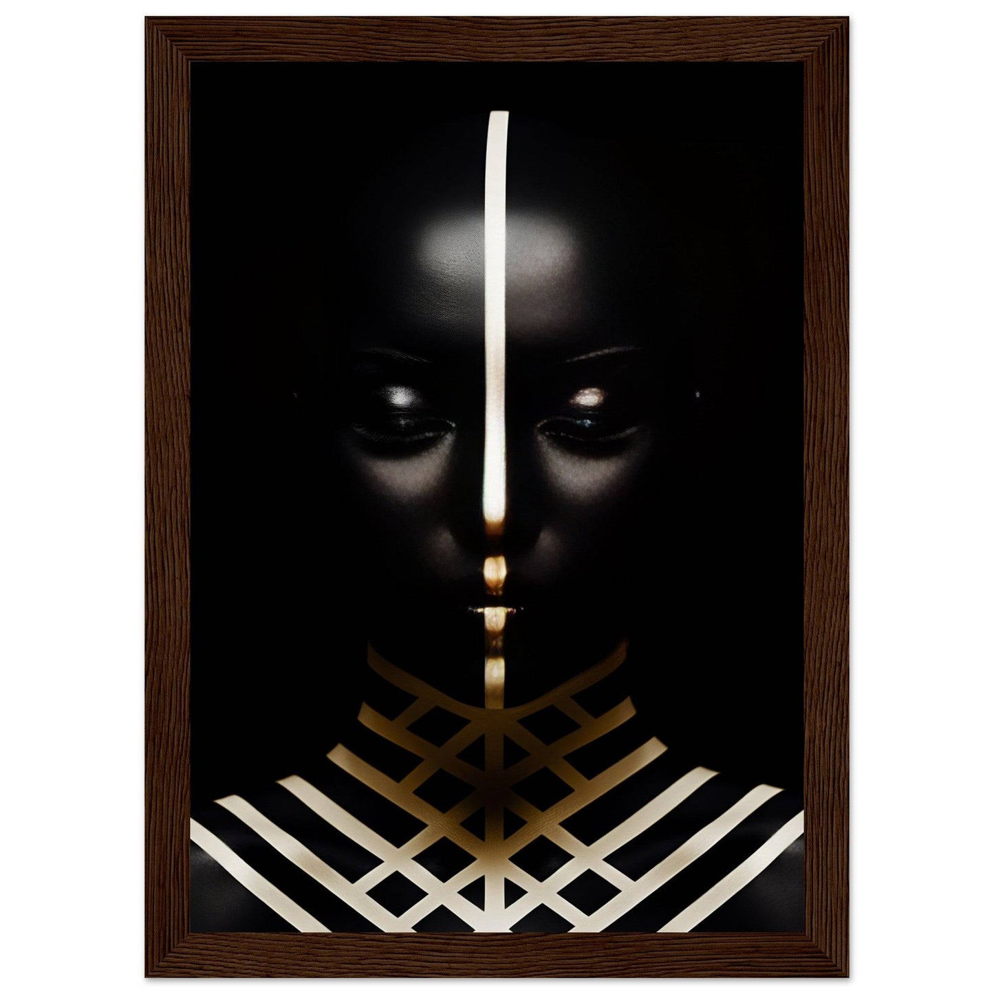 Dark silhouette with glowing eyes and geometric patterns in white and gold.