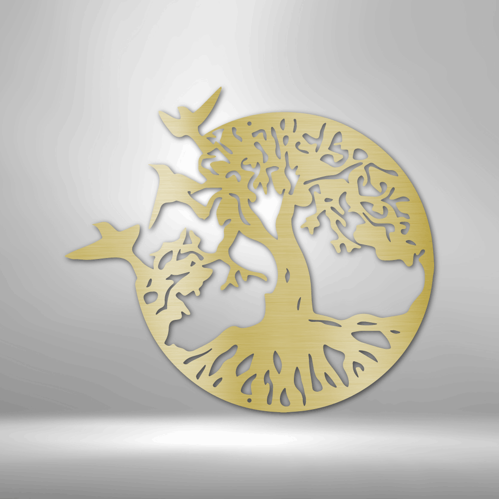 Circular tree of life design with intricate branches and roots cut out of gold-colored material.