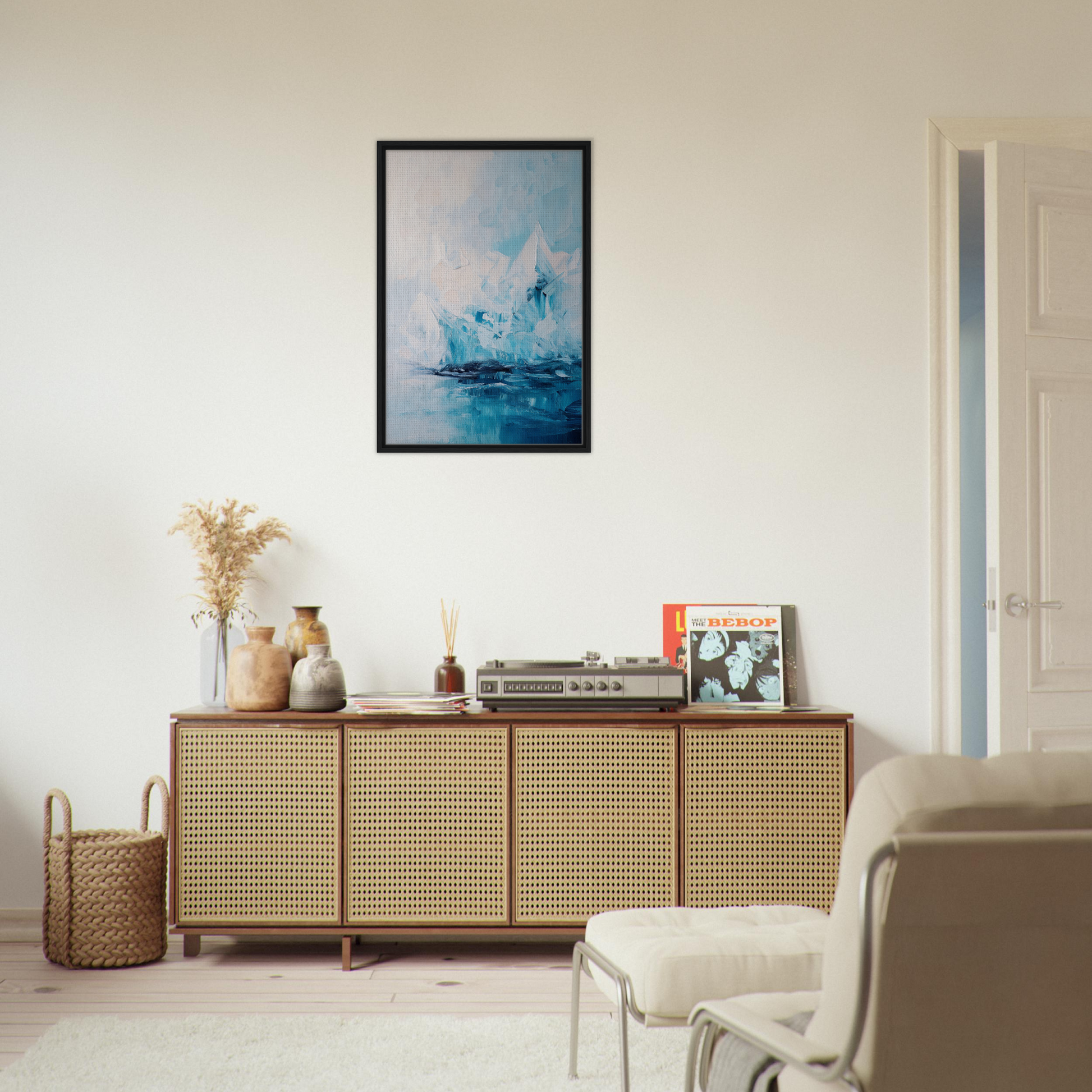Wooden Iceberg Elegy sideboard with cane-webbed doors enhances room decor