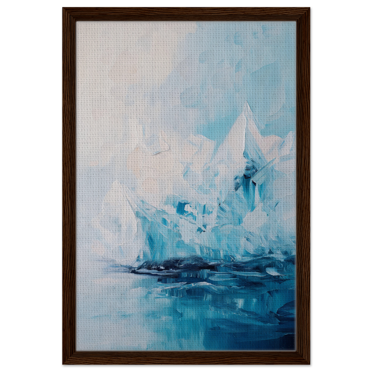 Abstract painting of blue and white shapes resembling an icy landscape, Iceberg Elegy room decor