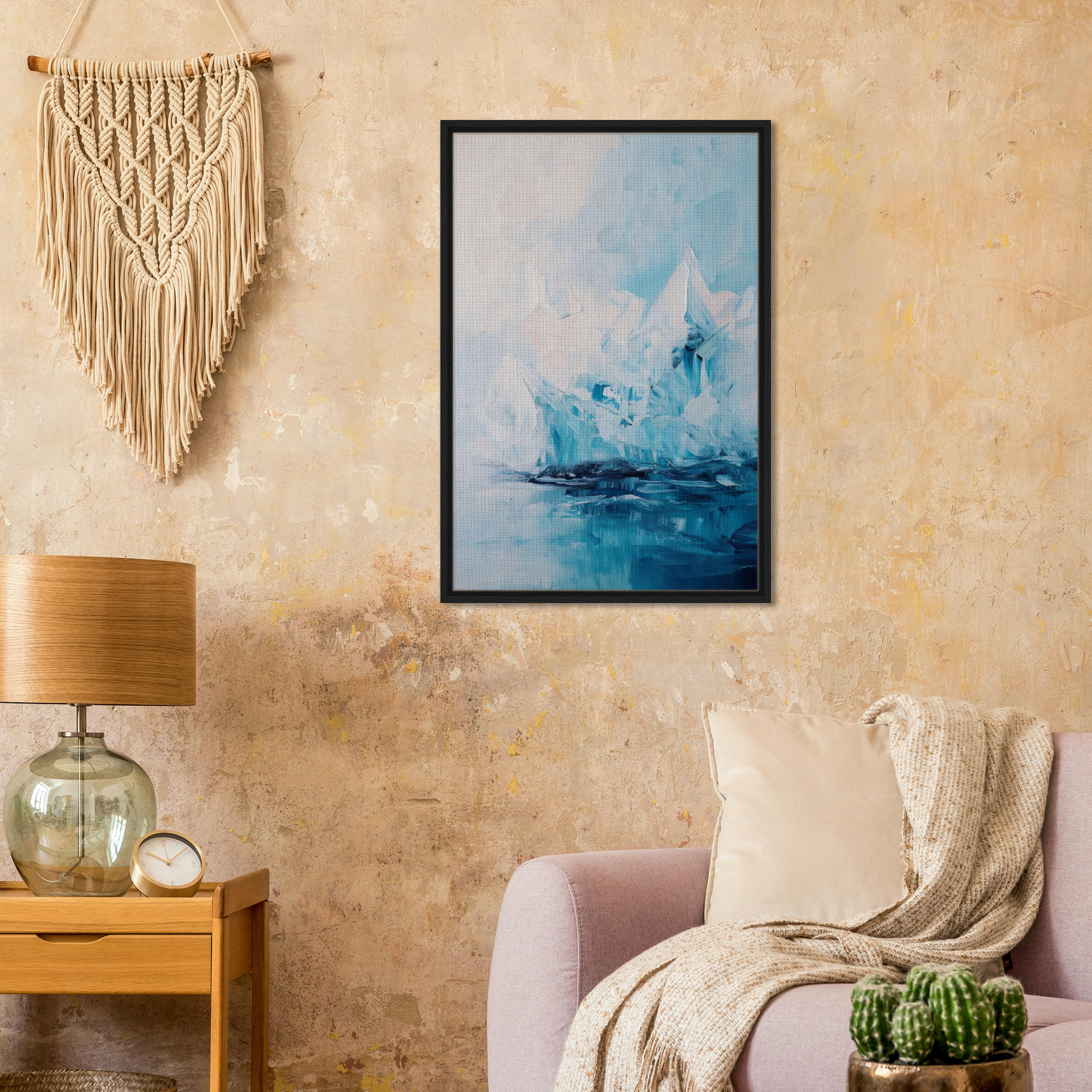 Framed abstract painting of an icy blue landscape named Iceberg Elegy for room decor