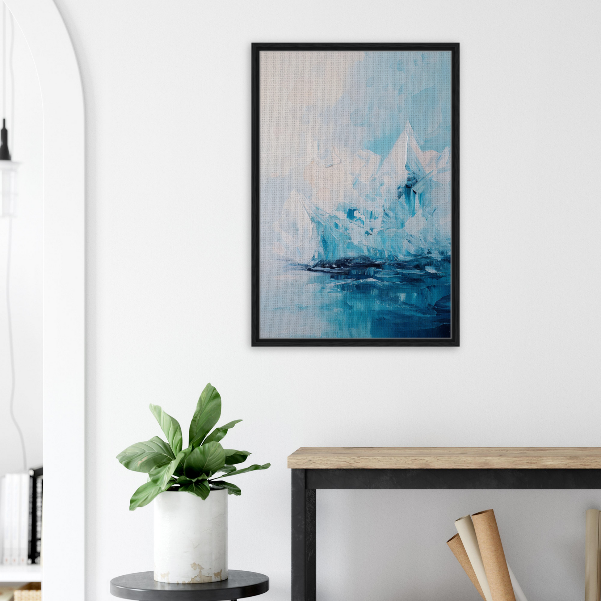 Abstract painting in shades of blue and white, framed canvas print Iceberg Elegy by Fashion Oracle
