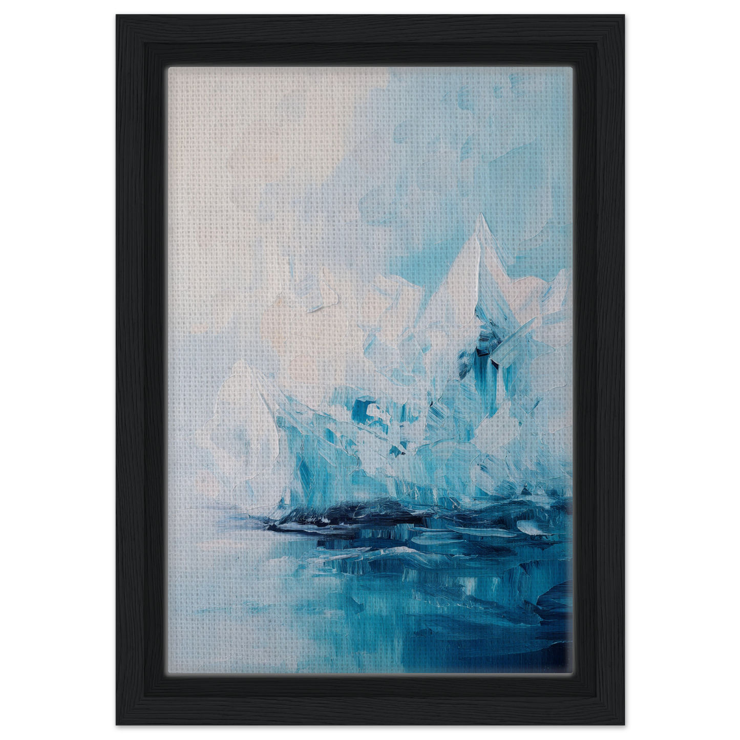 Abstract painting of a sailboat on water in blue and white, Iceberg Elegy framed canvas print