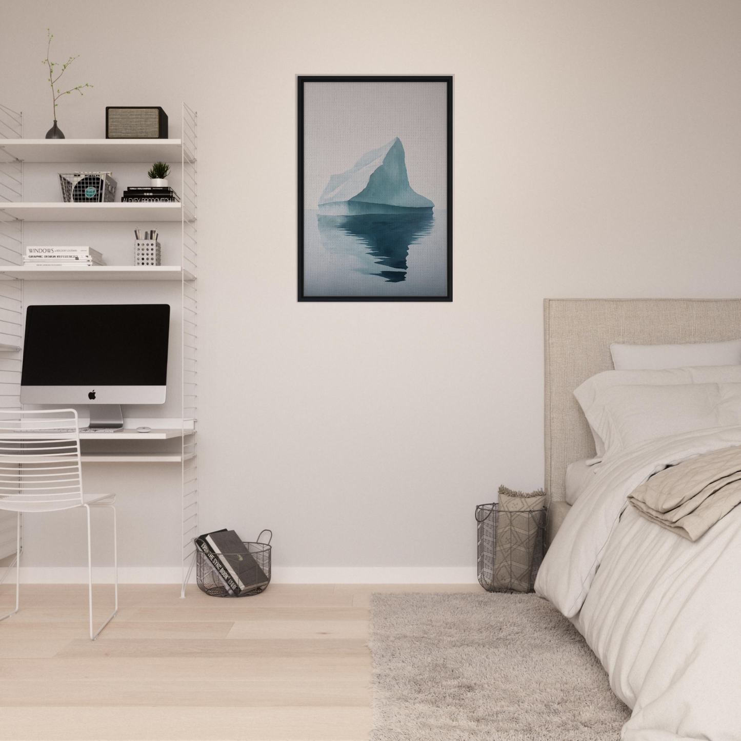 Minimalist bedroom decor featuring Iceberg Epiphanies artwork and floating shelves
