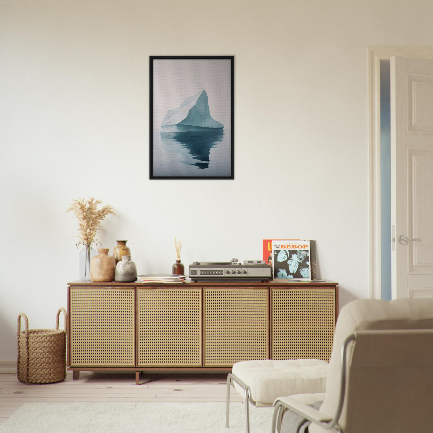 Wooden sideboard with cane-webbed doors, part of Iceberg Epiphanies room decor