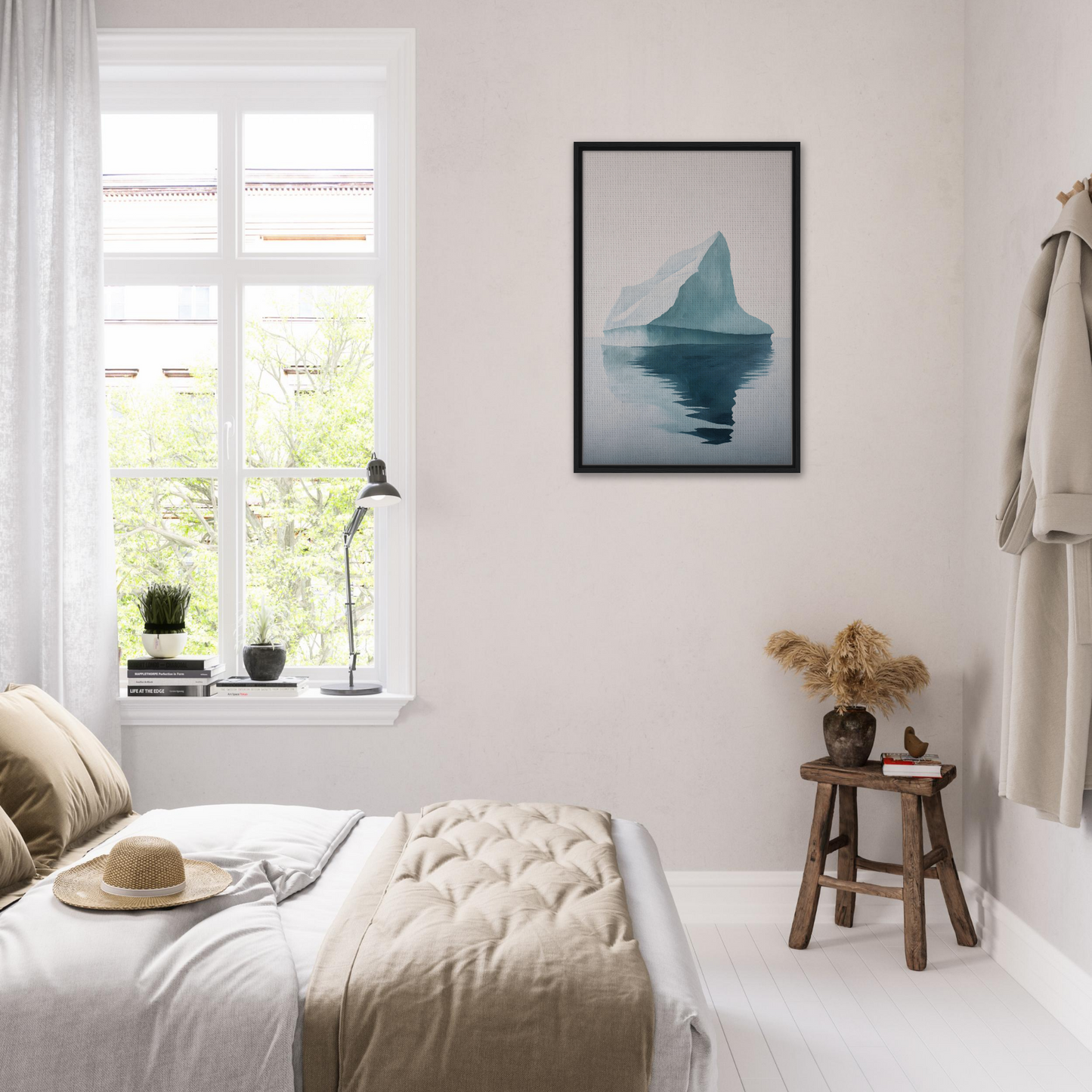 Cozy bedroom featuring Iceberg Epiphanies framed canvas print and white decor