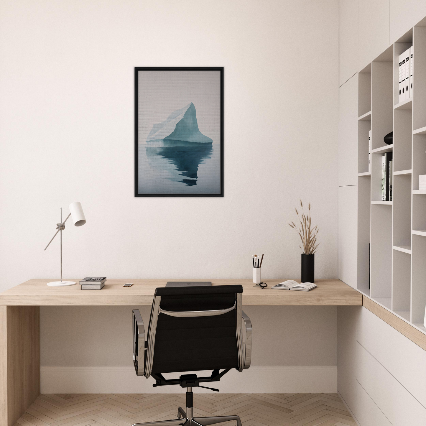 Minimalist home office with wooden desk, black chair, and Iceberg Epiphanies decor
